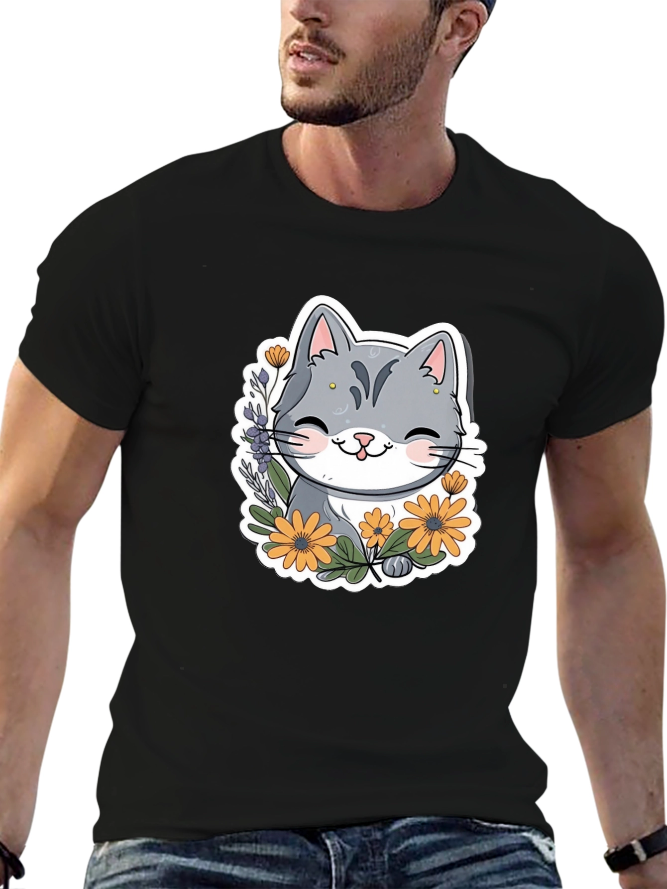 Cute Cat T-Shirt with Flowers