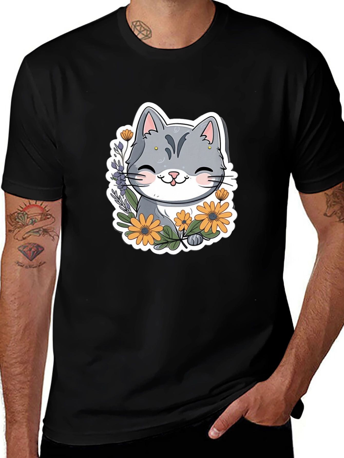 Cute Cat T-Shirt with Flowers