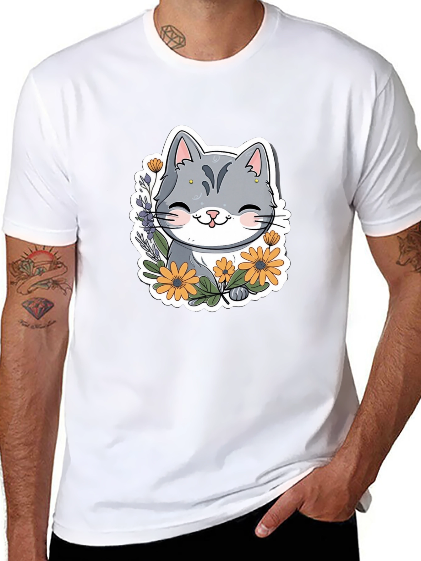 Cute Cat T-Shirt with Flowers