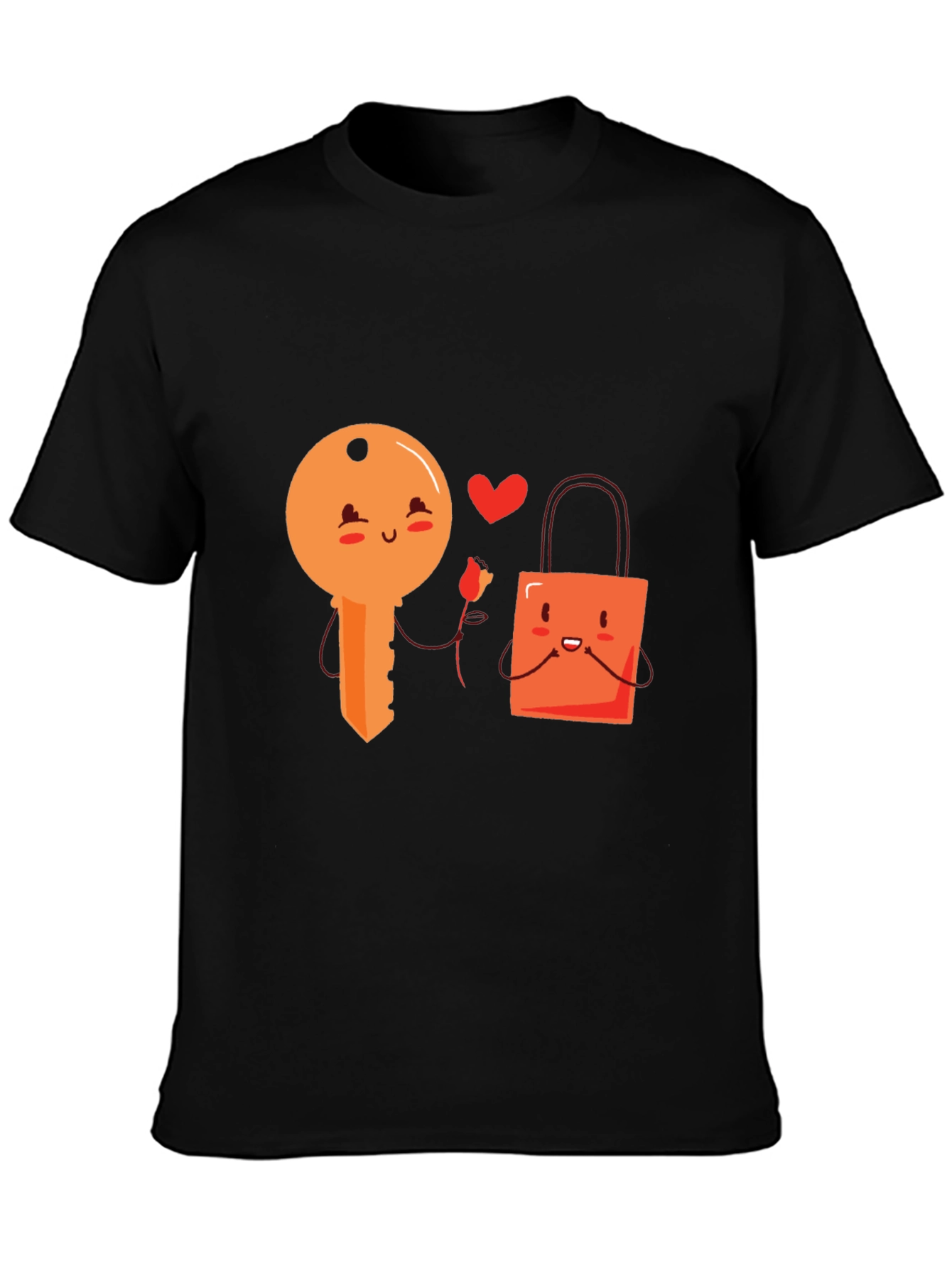Cute Key and Lock Kawaii Cartoon Black T-Shirt