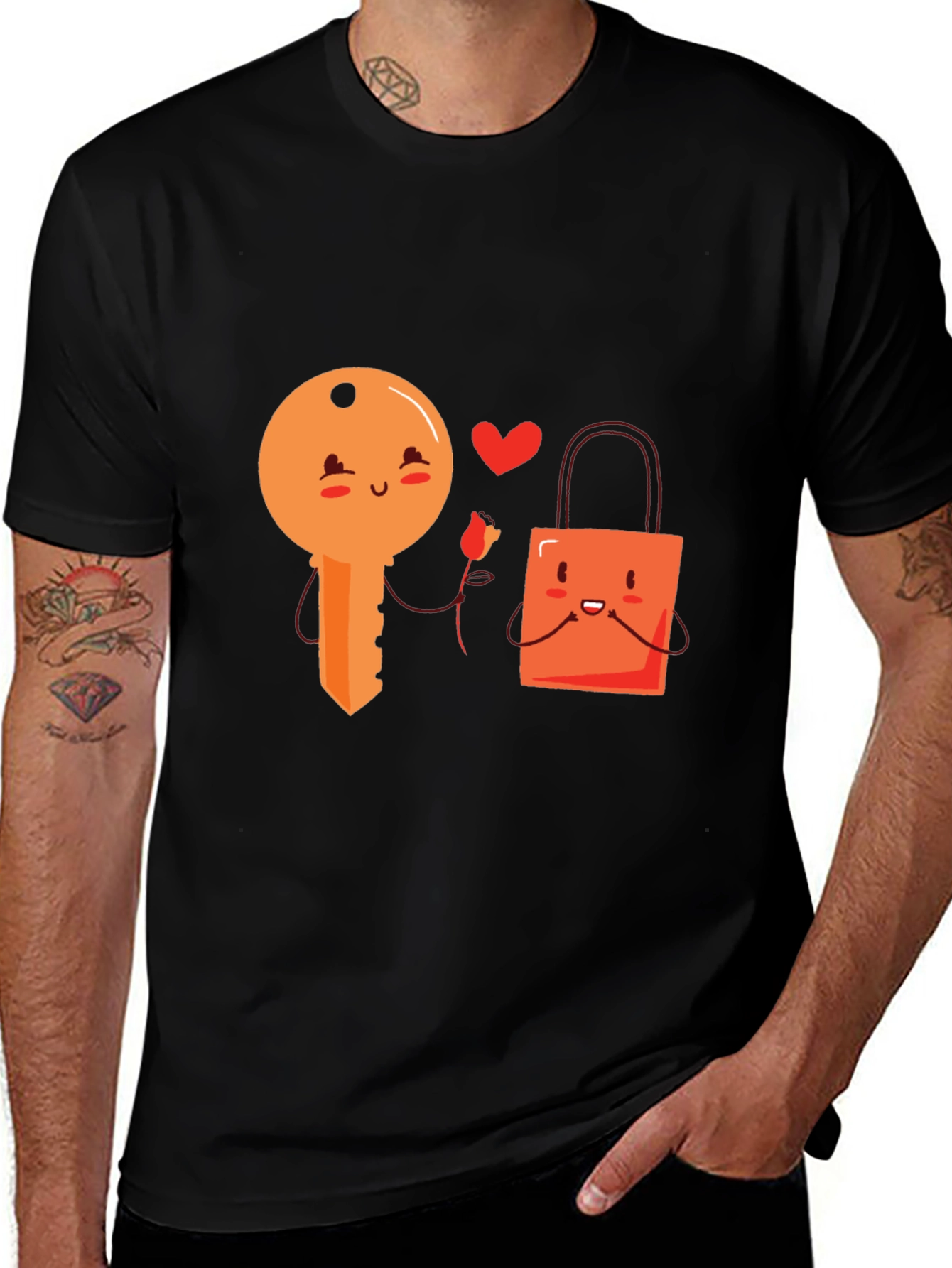Cute Key and Lock Kawaii Cartoon Black T-Shirt