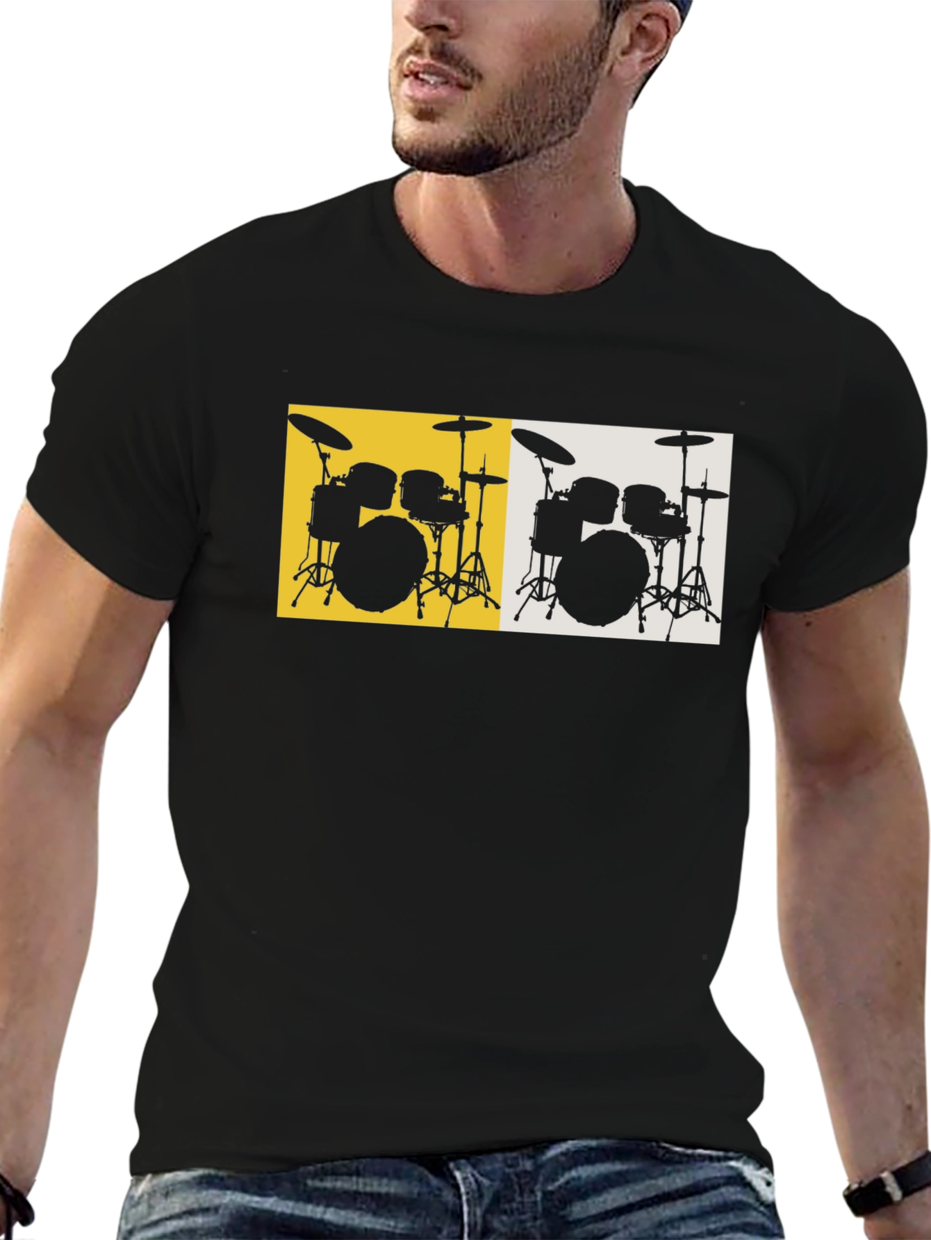 Drum Set Graphic Tee - Black Cotton T-Shirt