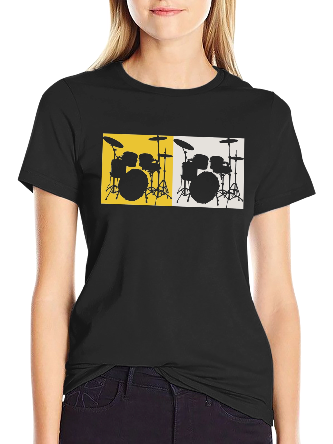 Drum Set Graphic Tee - Black Cotton T-Shirt