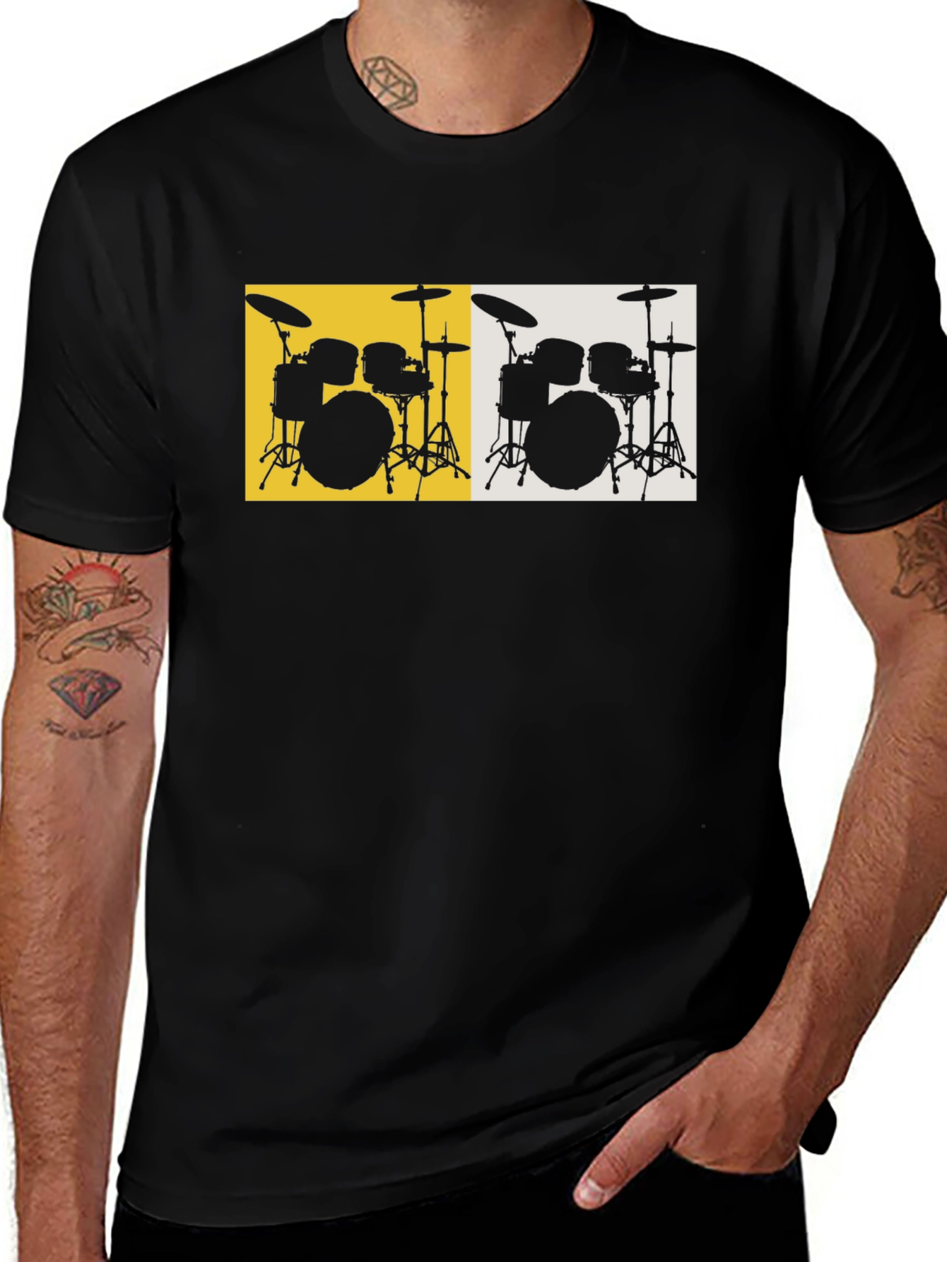 Drum Set Graphic Tee - Black Cotton T-Shirt