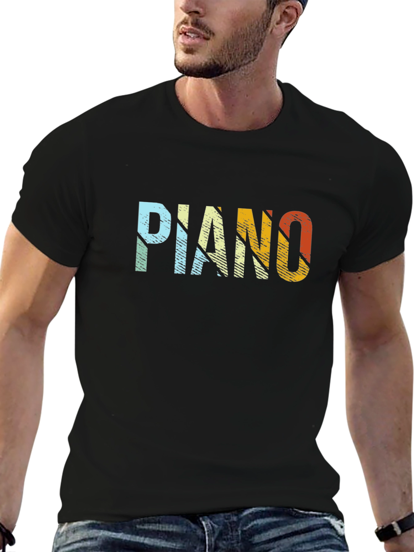 Retro PIANO Graphic Tee - Black Cotton Blend Shirt