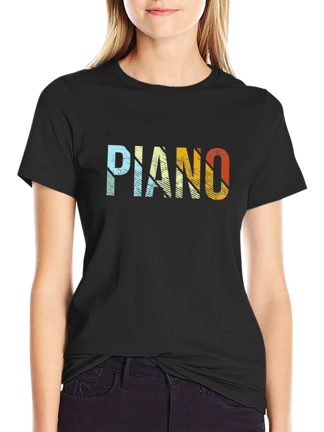 Retro PIANO Graphic Tee - Black Cotton Blend Shirt