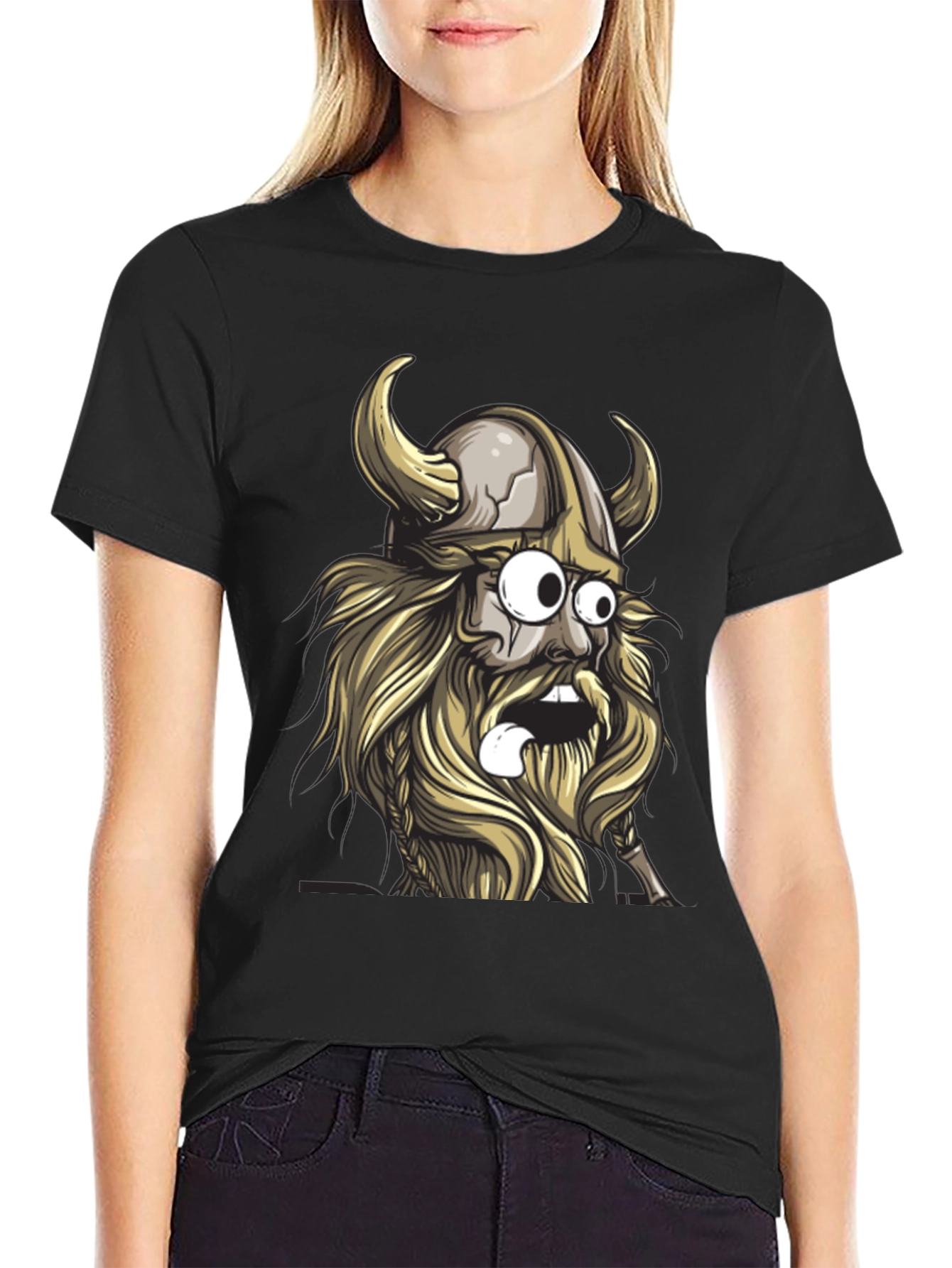 Cartoon Viking Graphic Tee - Black Cotton