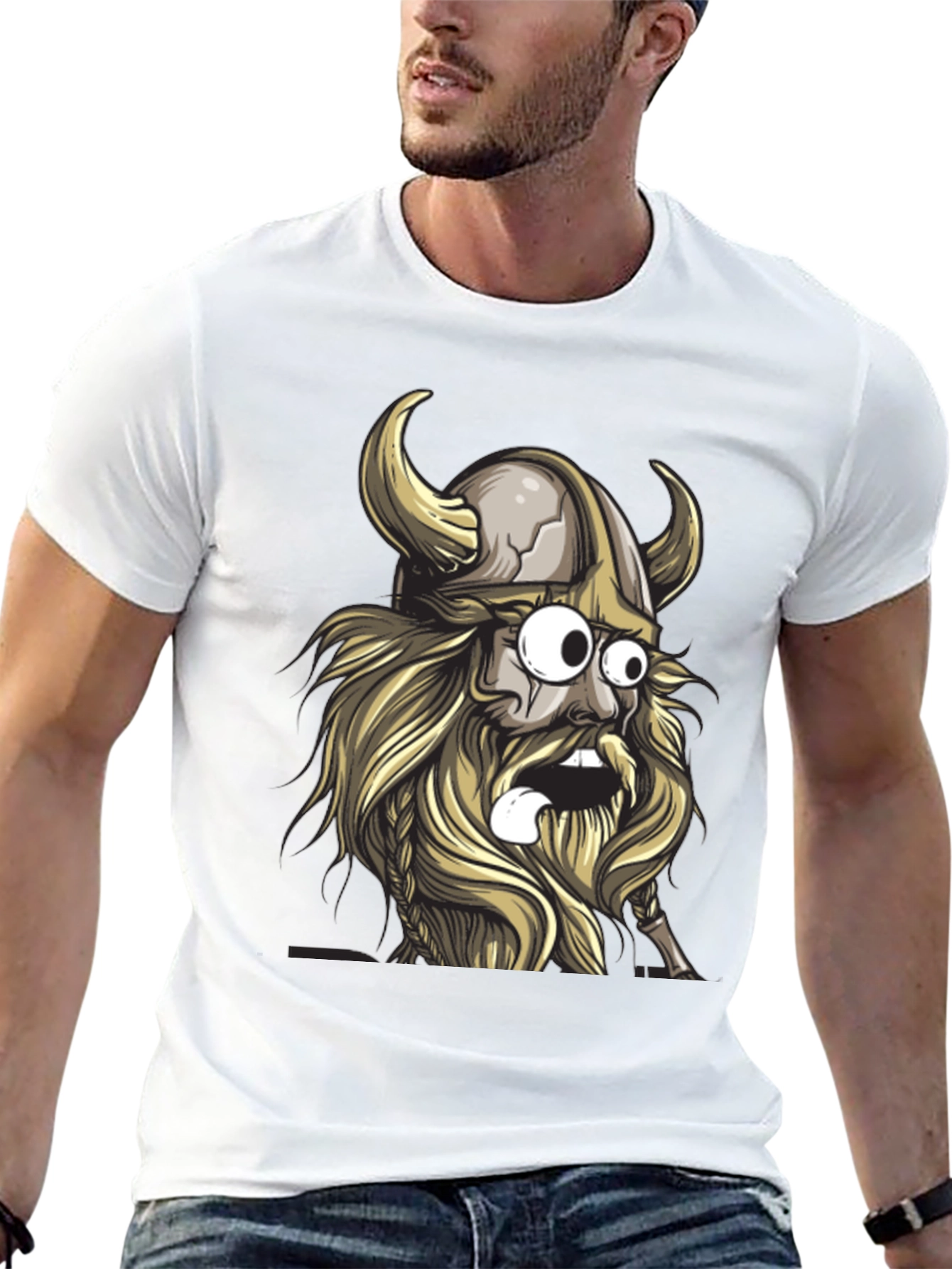 Cartoon Viking Graphic Tee - Black Cotton