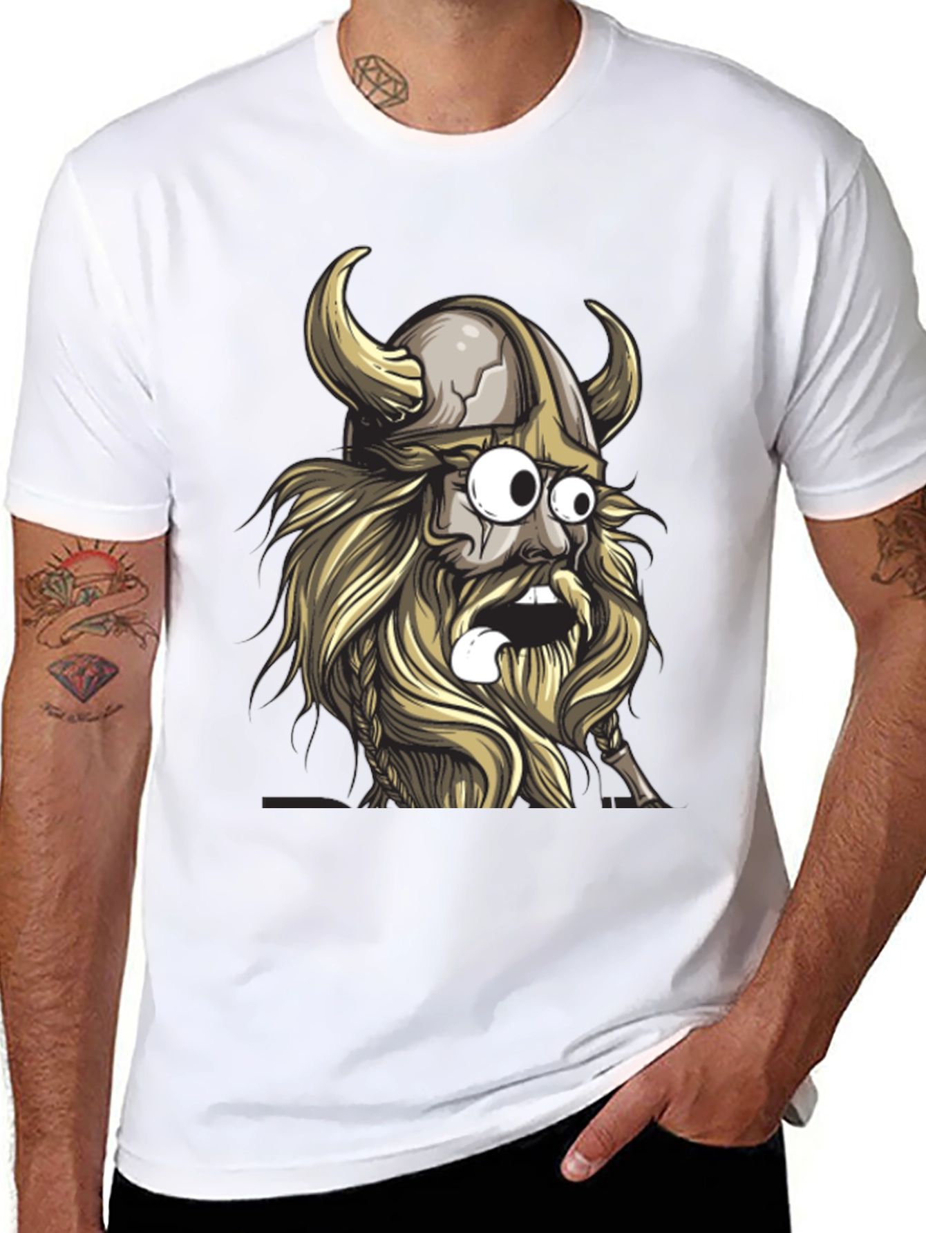 Cartoon Viking Graphic Tee - Black Cotton