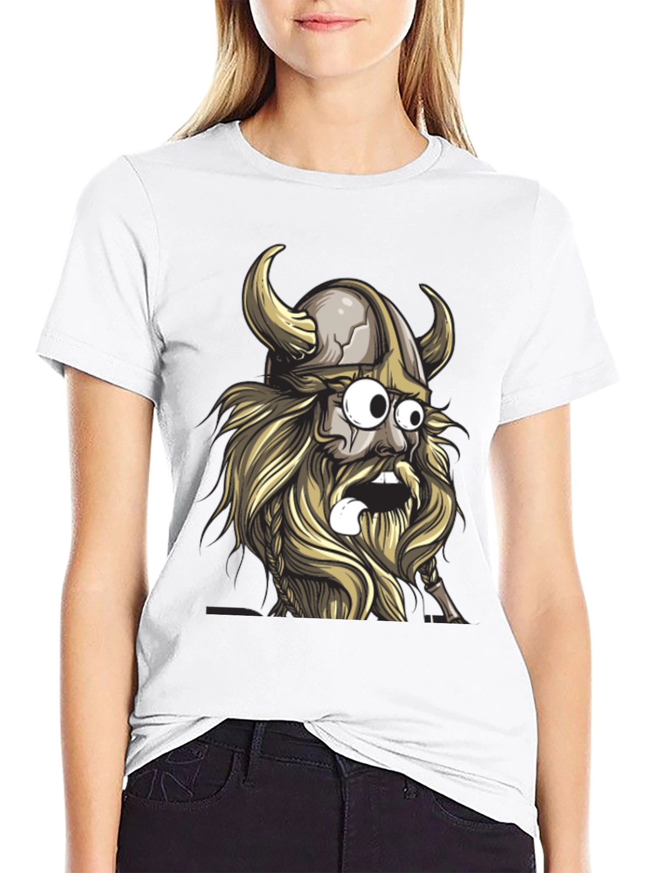 Cartoon Viking Graphic Tee - Black Cotton