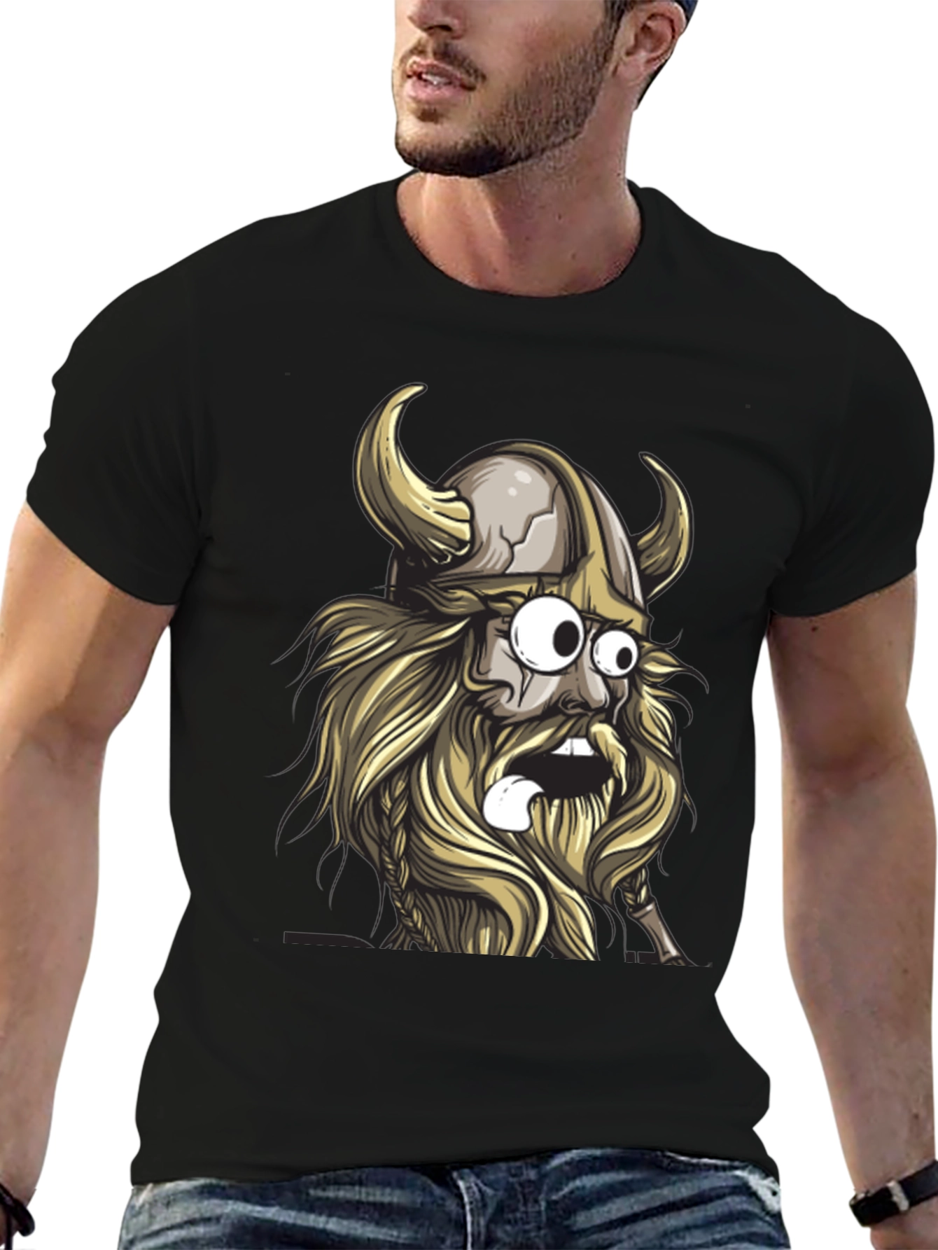 Cartoon Viking Graphic Tee - Black Cotton