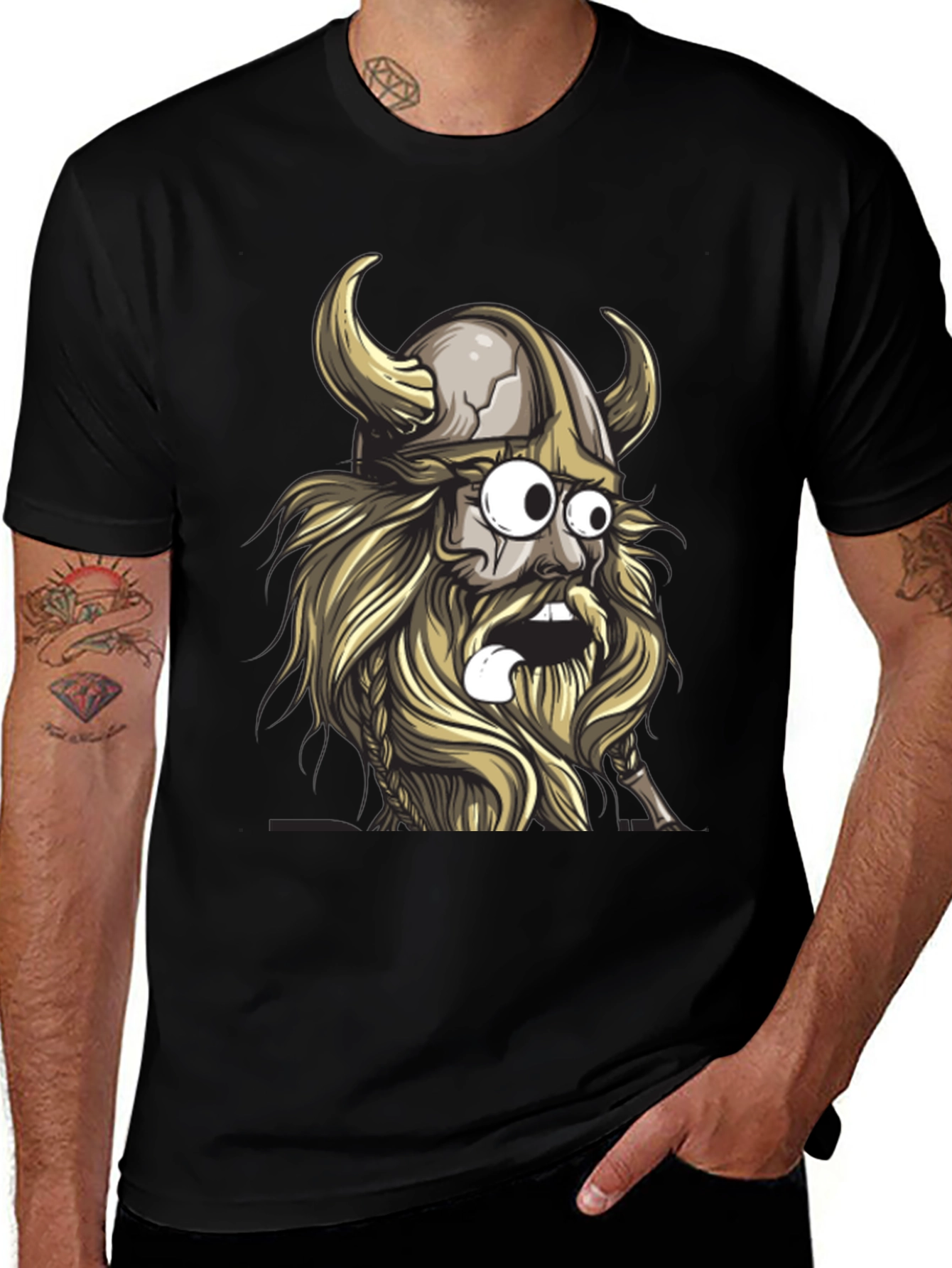 Cartoon Viking Graphic Tee - Black Cotton