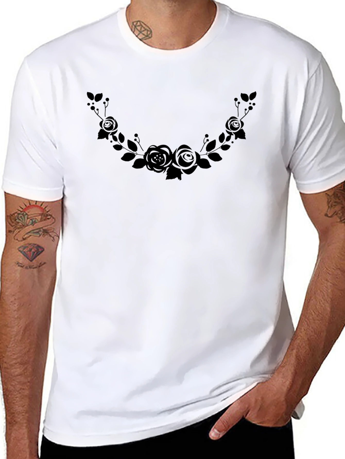 Floral Rose Wreath Graphic Black T-Shirt