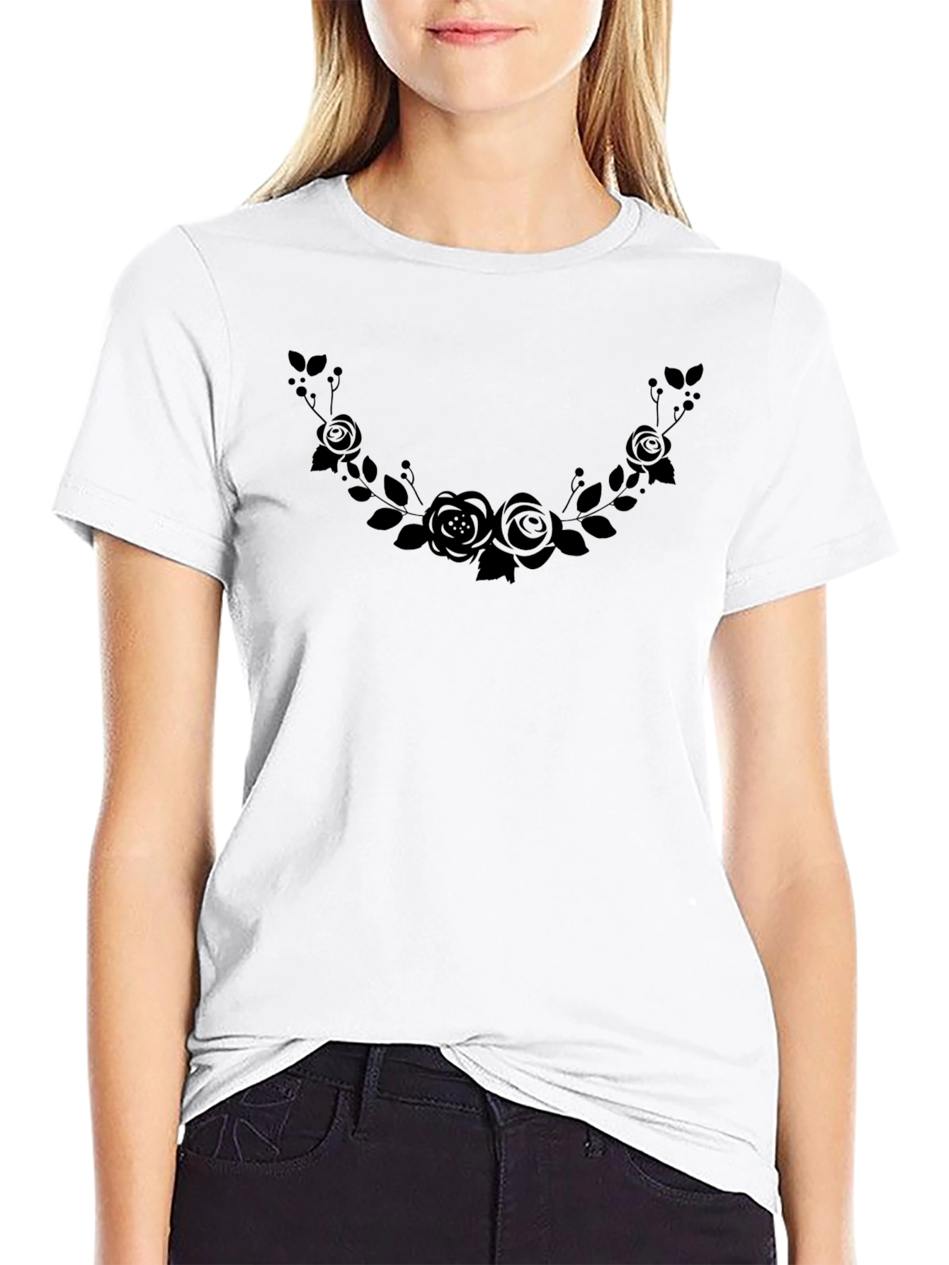 Floral Rose Wreath Graphic Black T-Shirt