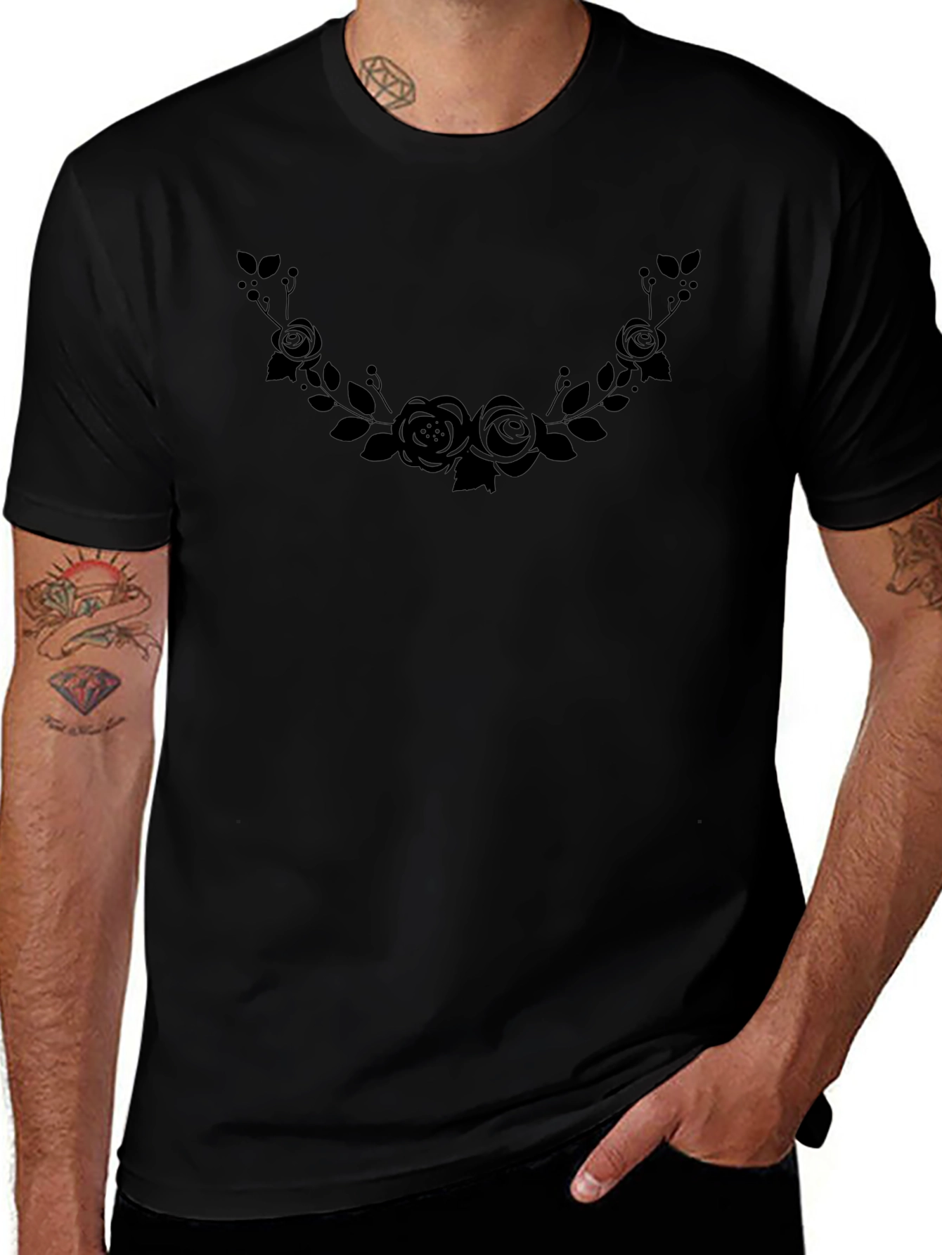 Floral Rose Wreath Graphic Black T-Shirt