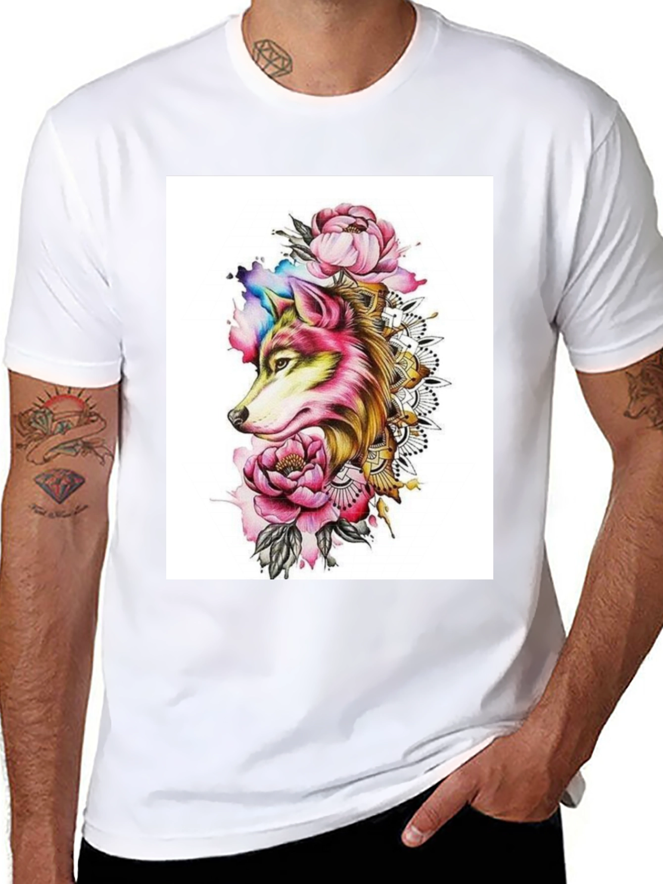 Wolf & Floral Graphic Black T-Shirt