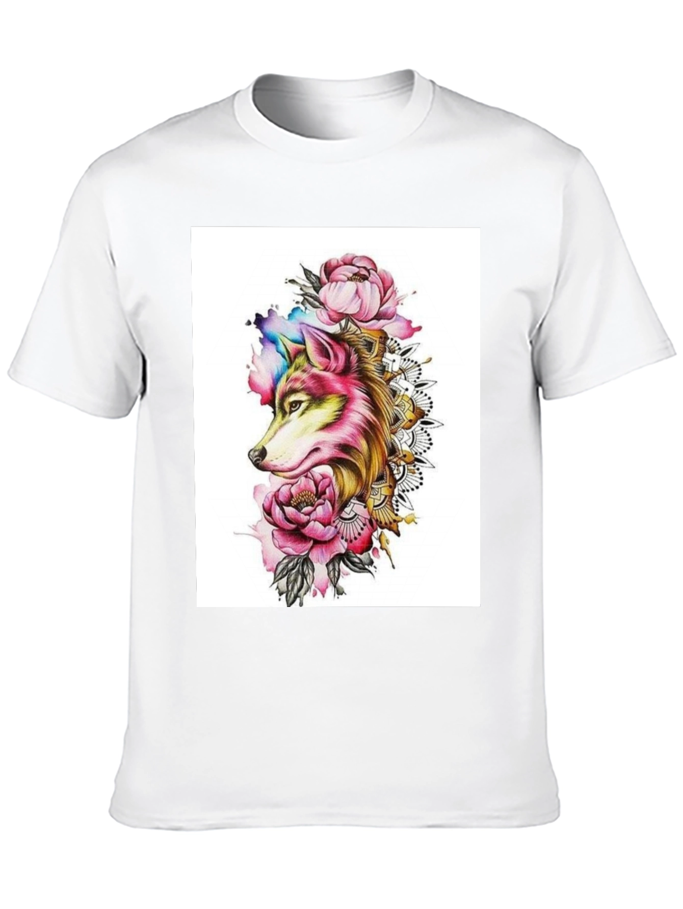 Wolf & Floral Graphic Black T-Shirt