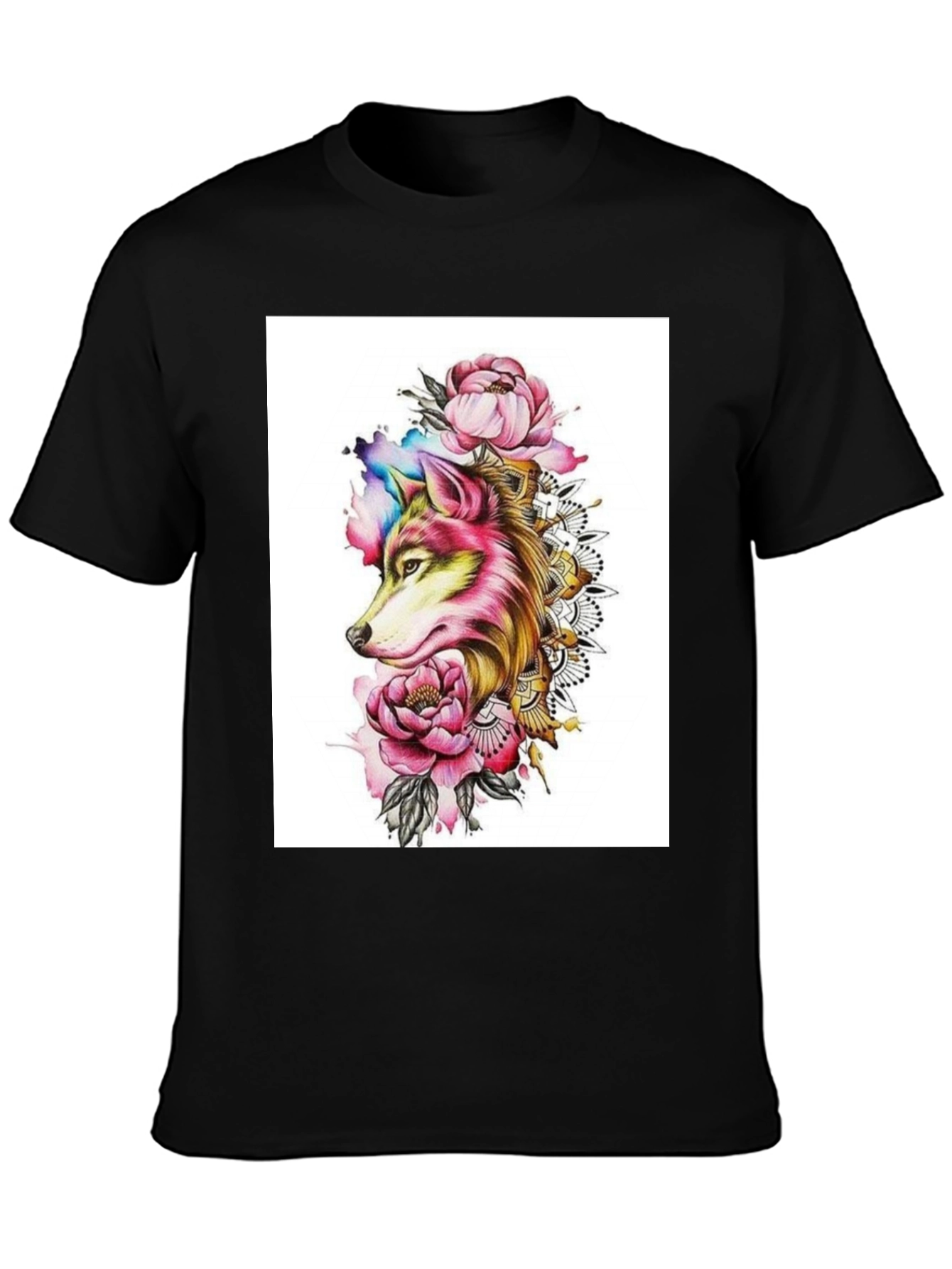 Wolf & Floral Graphic Black T-Shirt