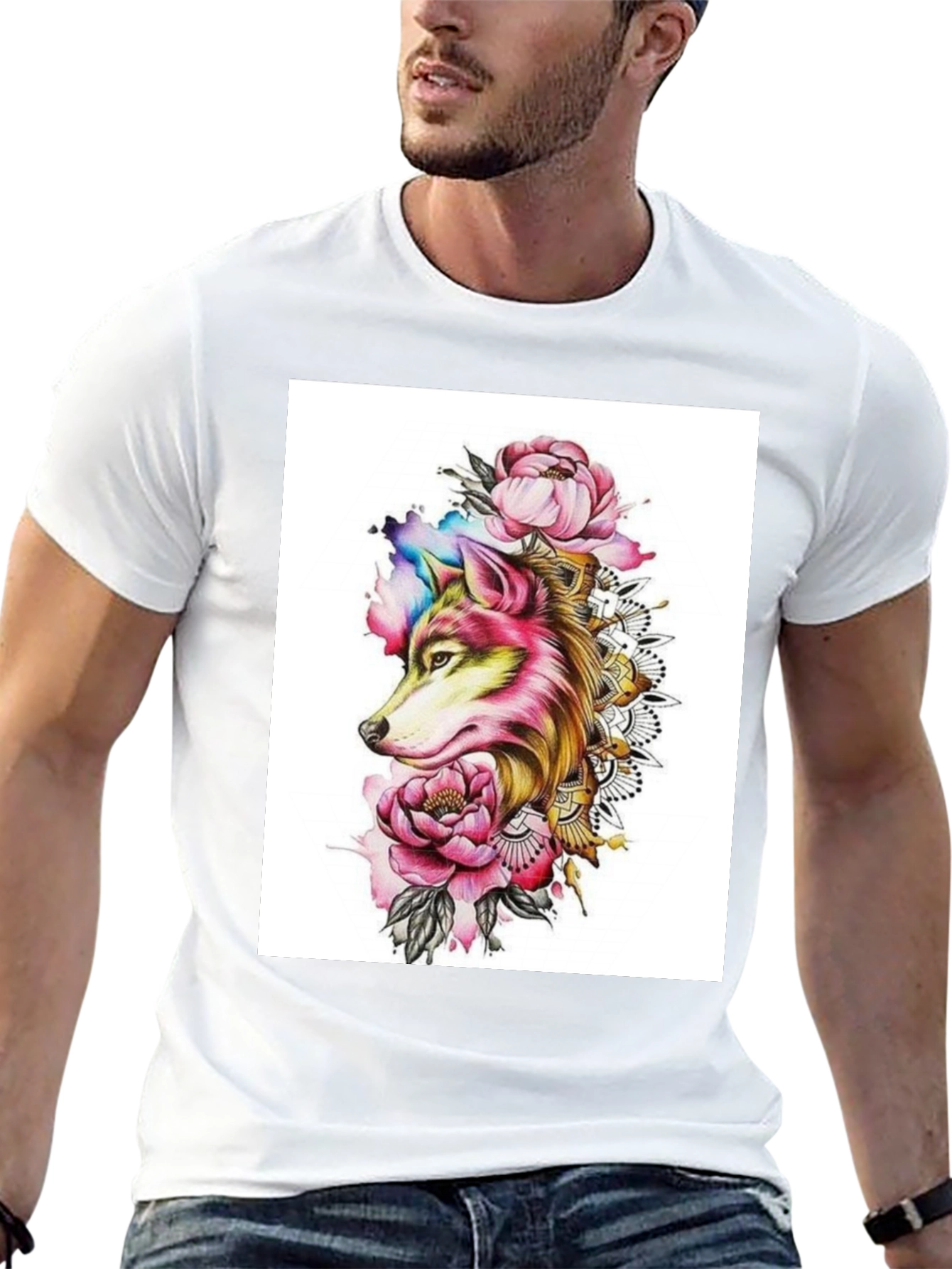 Wolf & Floral Graphic Black T-Shirt