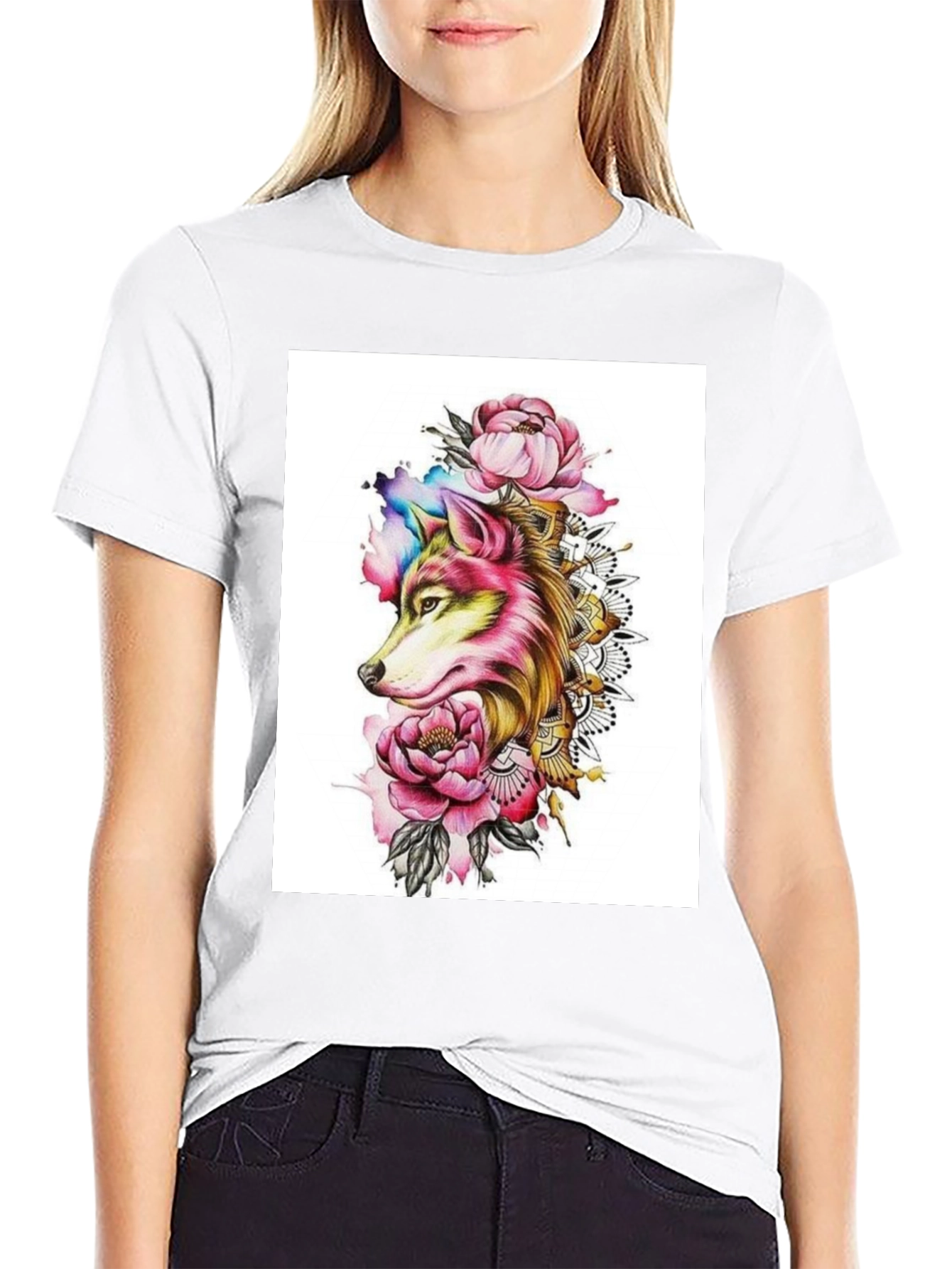 Wolf & Floral Graphic Black T-Shirt