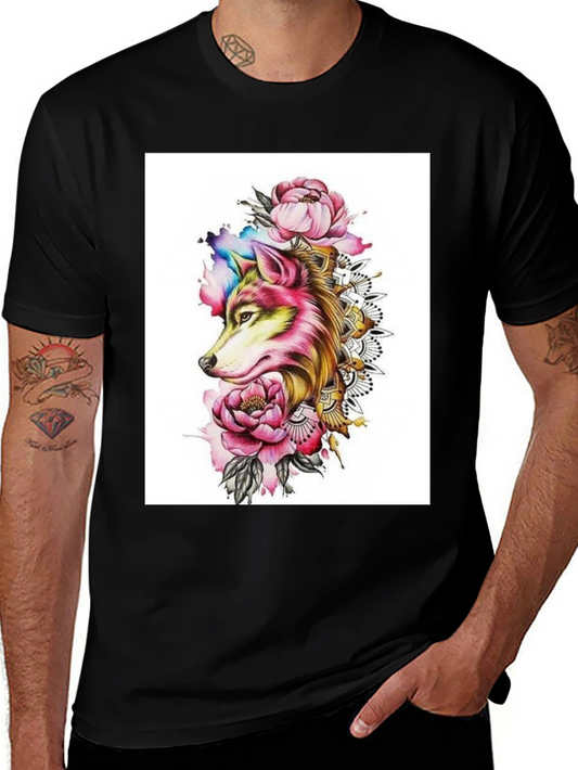 Wolf & Floral Graphic Black T-Shirt