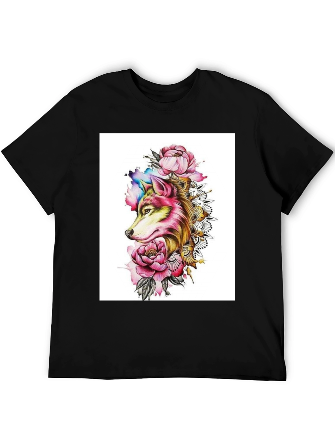 Wolf & Floral Graphic Black T-Shirt