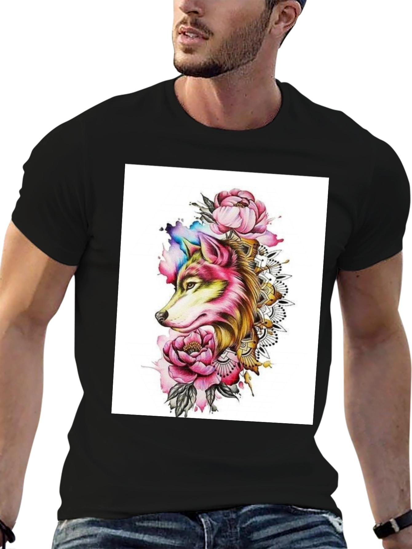 Wolf & Floral Graphic Black T-Shirt