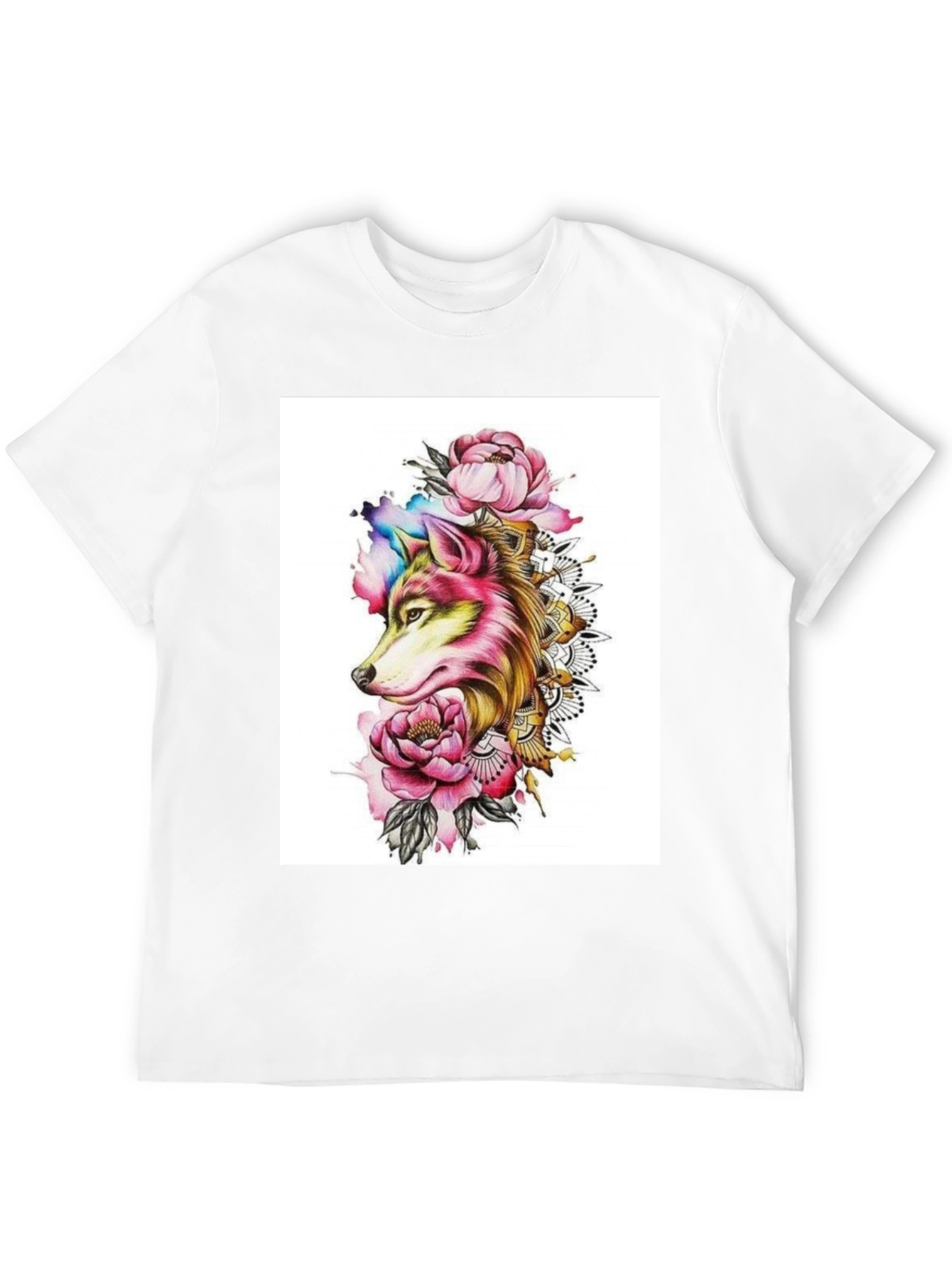 Wolf & Floral Graphic Black T-Shirt