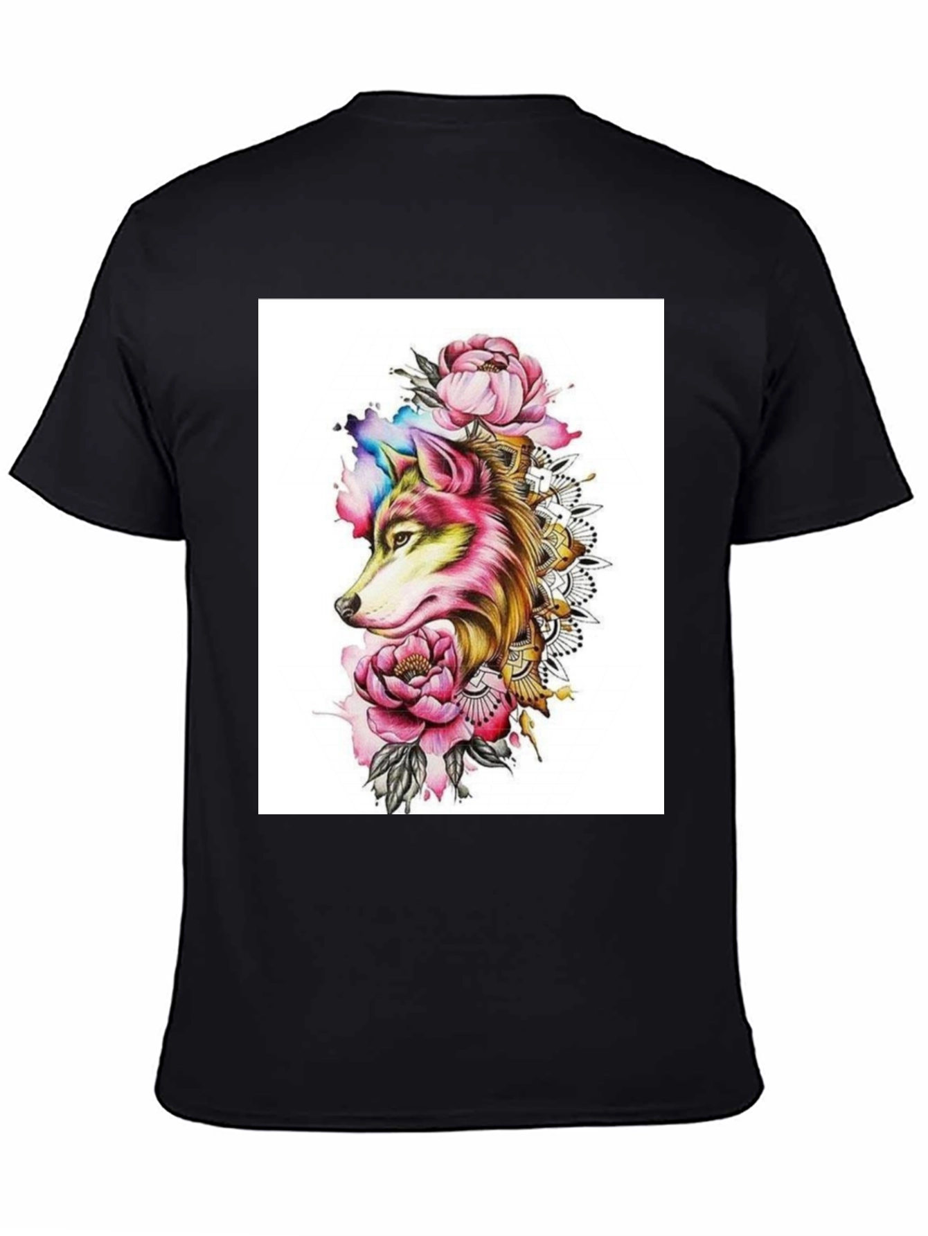 Wolf & Floral Graphic Black T-Shirt