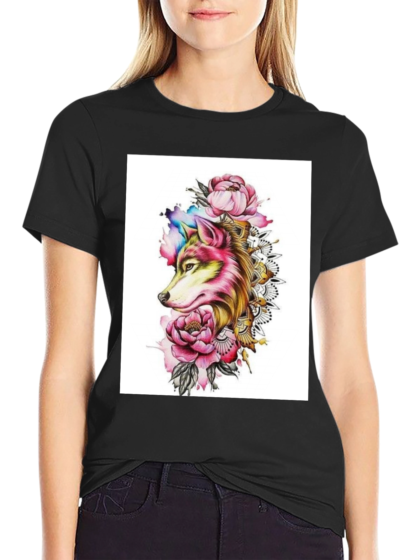 Wolf & Floral Graphic Black T-Shirt
