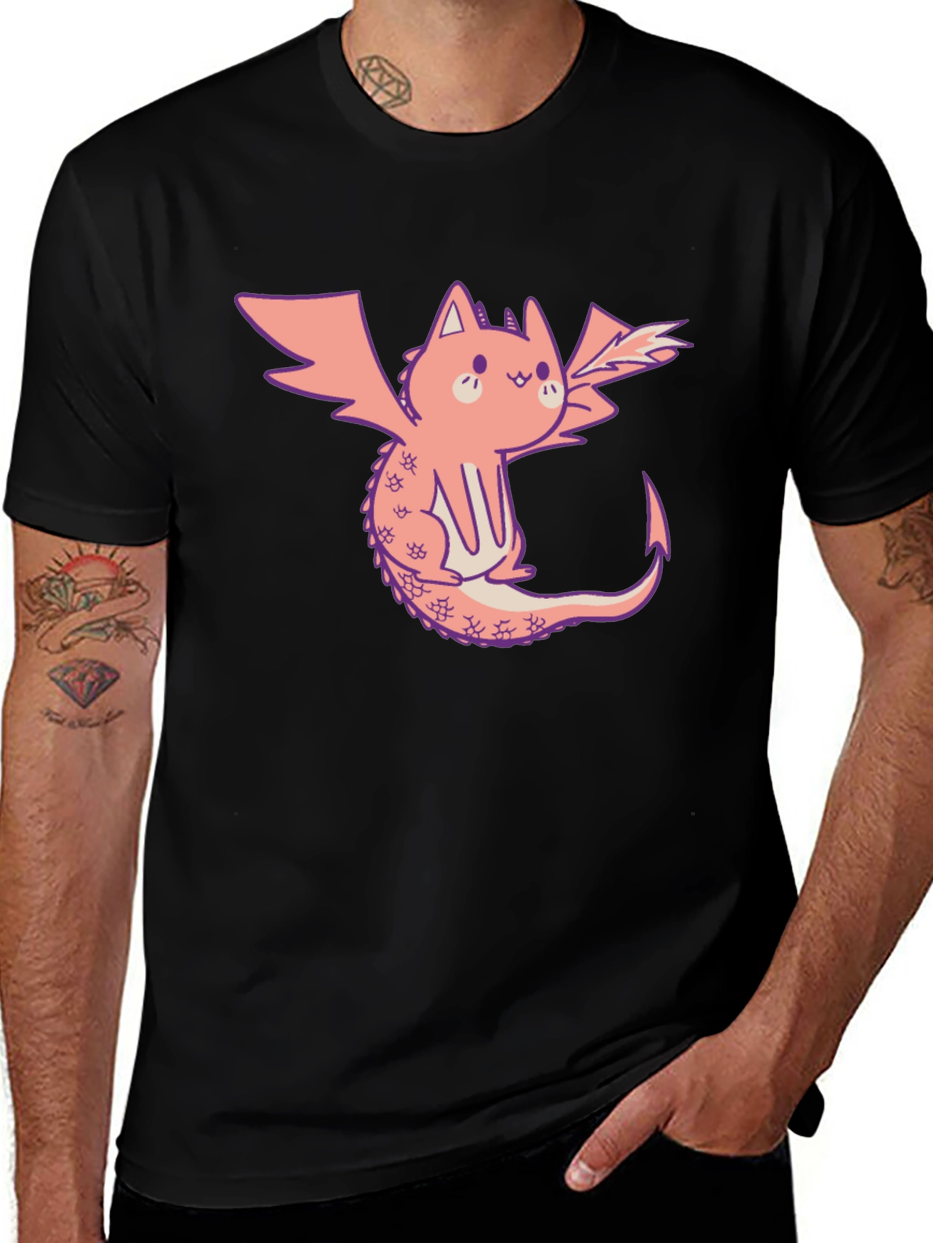 Dragon Cat Graphic Tee - Black Cotton T-Shirt