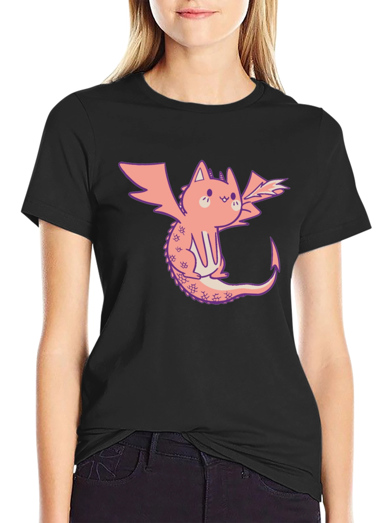 Dragon Cat Graphic Tee - Black Cotton T-Shirt