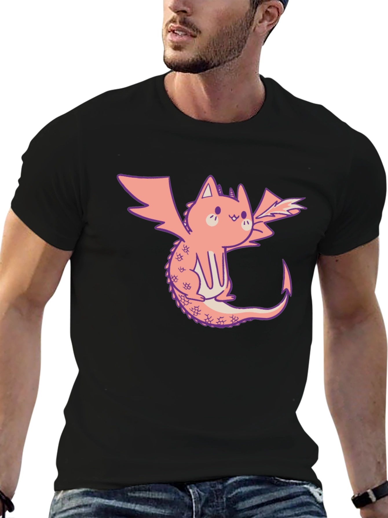 Dragon Cat Graphic Tee - Black Cotton T-Shirt