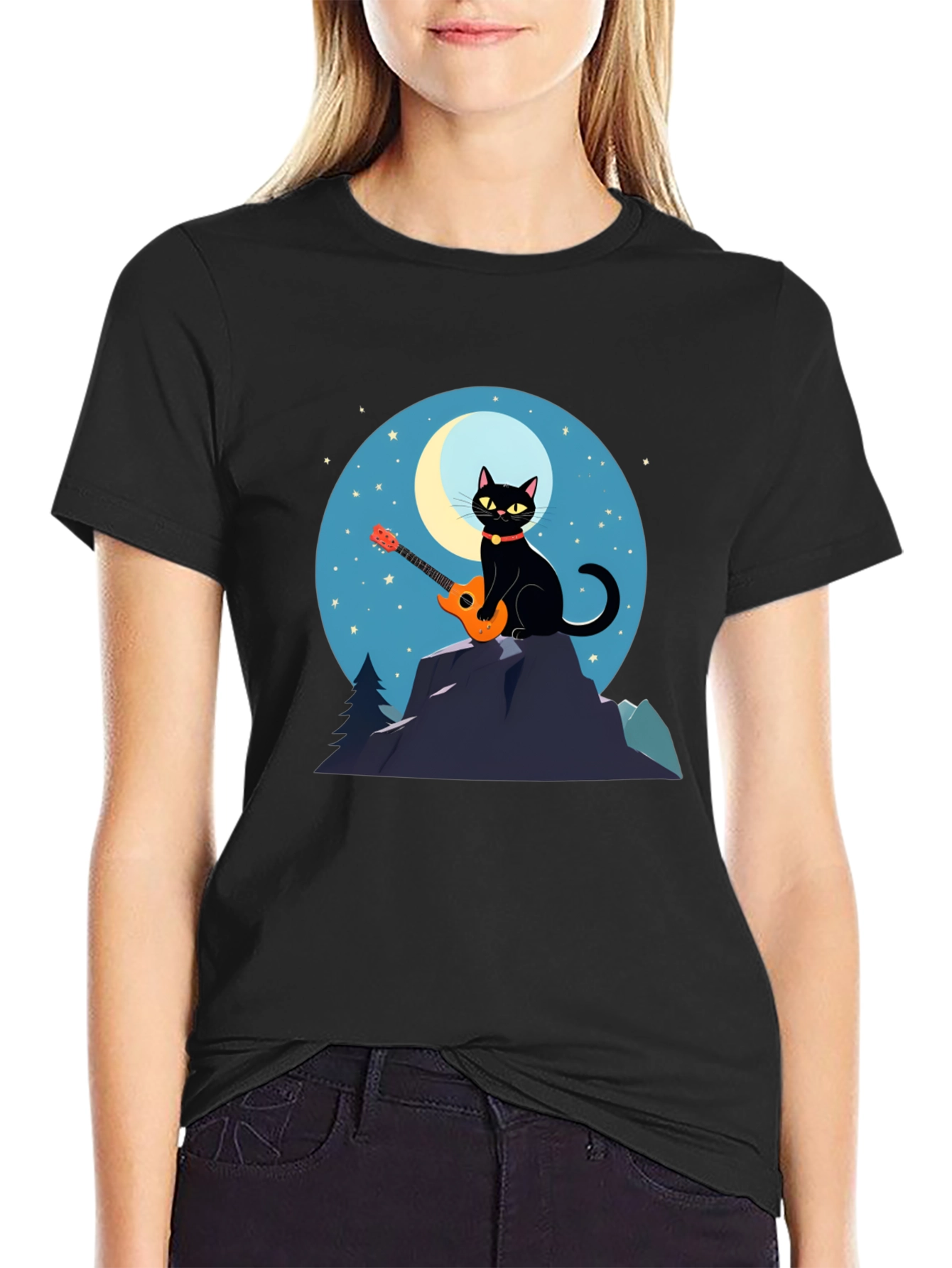 Cat Guitarist T-Shirt - Moonlit Serenade