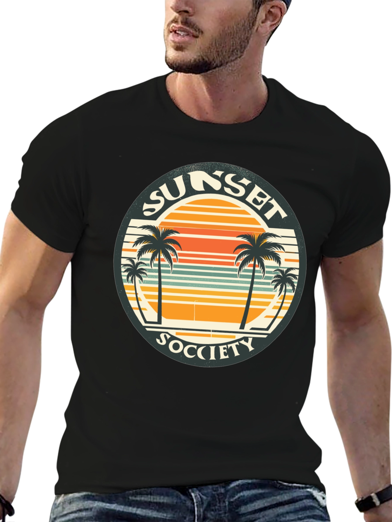 Sunset Society Graphic Tee - Retro Palm Tree Design
