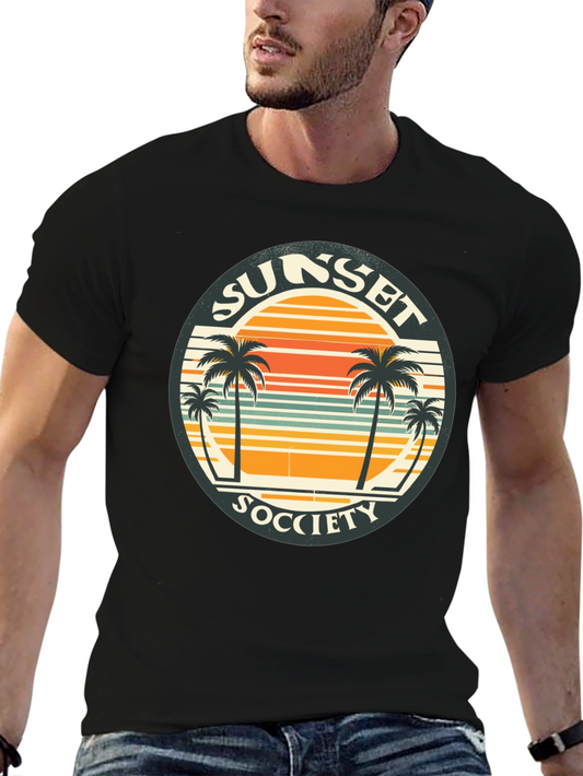 Sunset Society Graphic Tee - Retro Palm Tree Design
