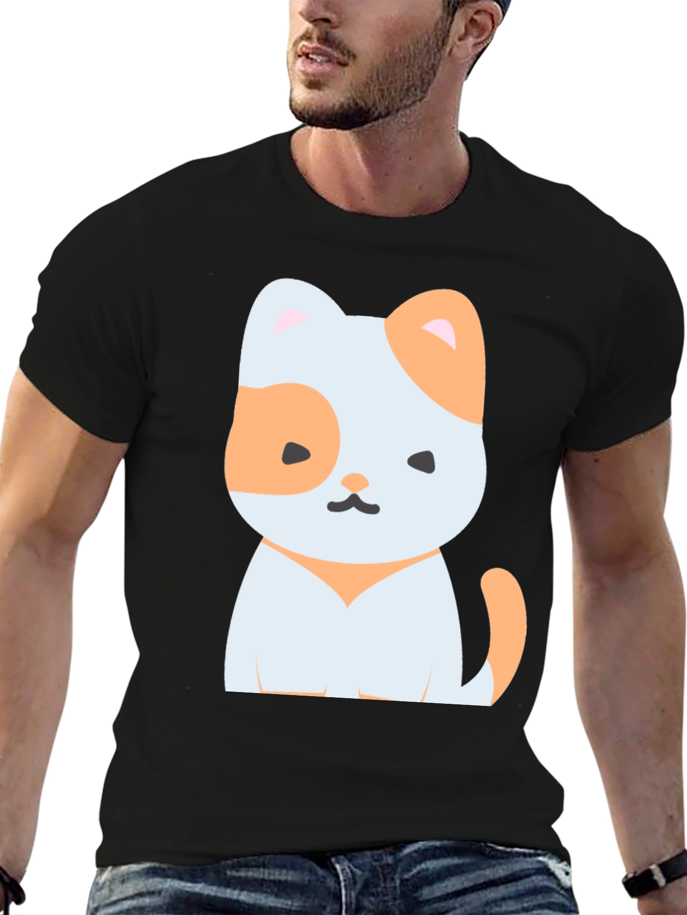Cute Cartoon Cat Graphic Tee - Unisex Black T-Shirt