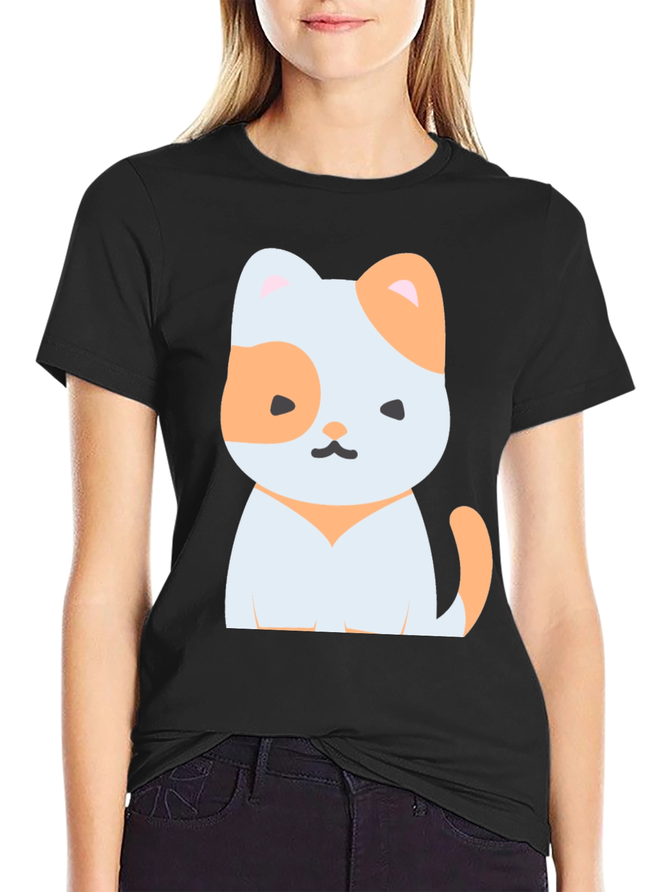 Cute Cartoon Cat Graphic Tee - Unisex Black T-Shirt