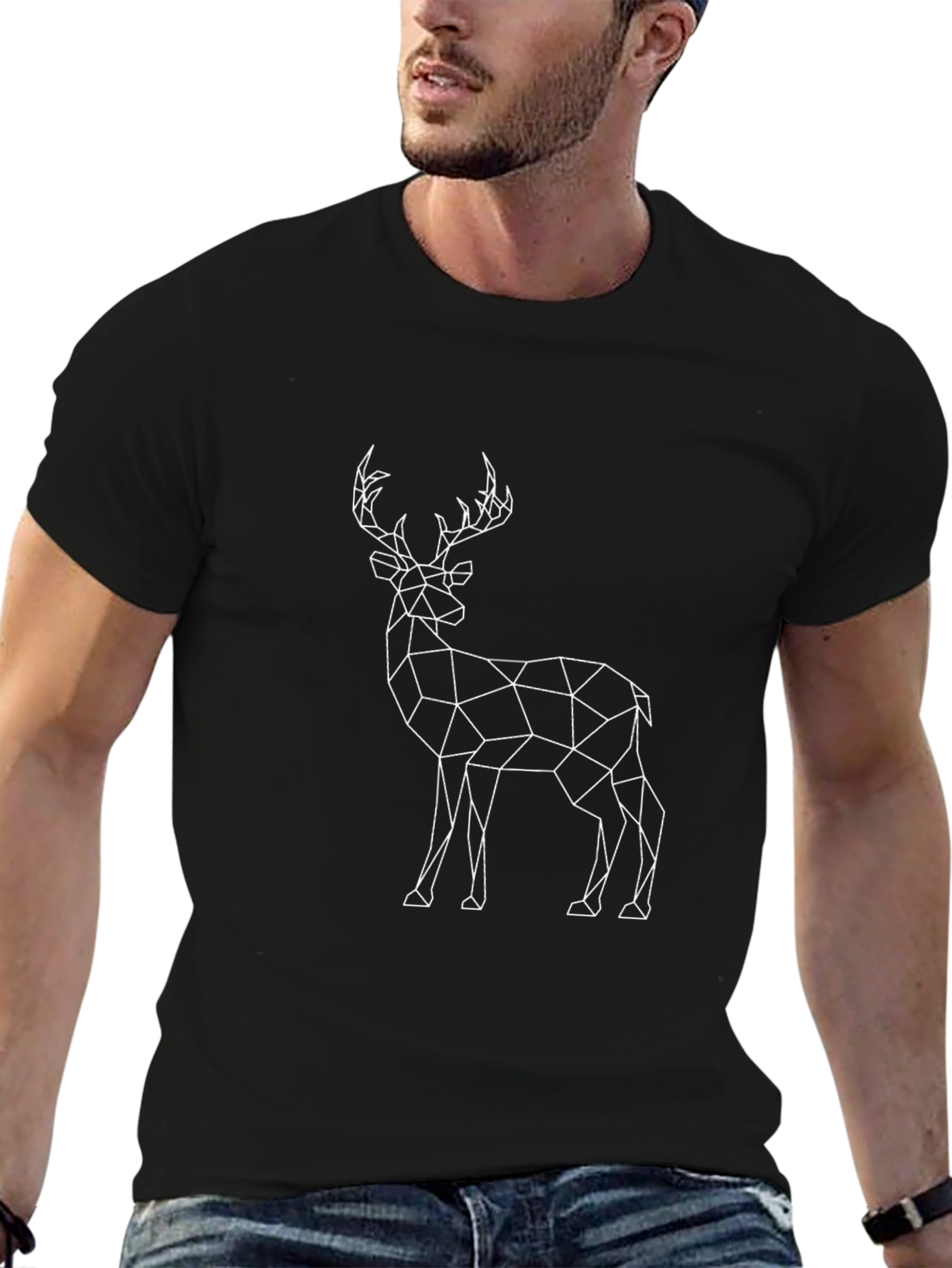 Geometric Deer Graphic Black T-Shirt