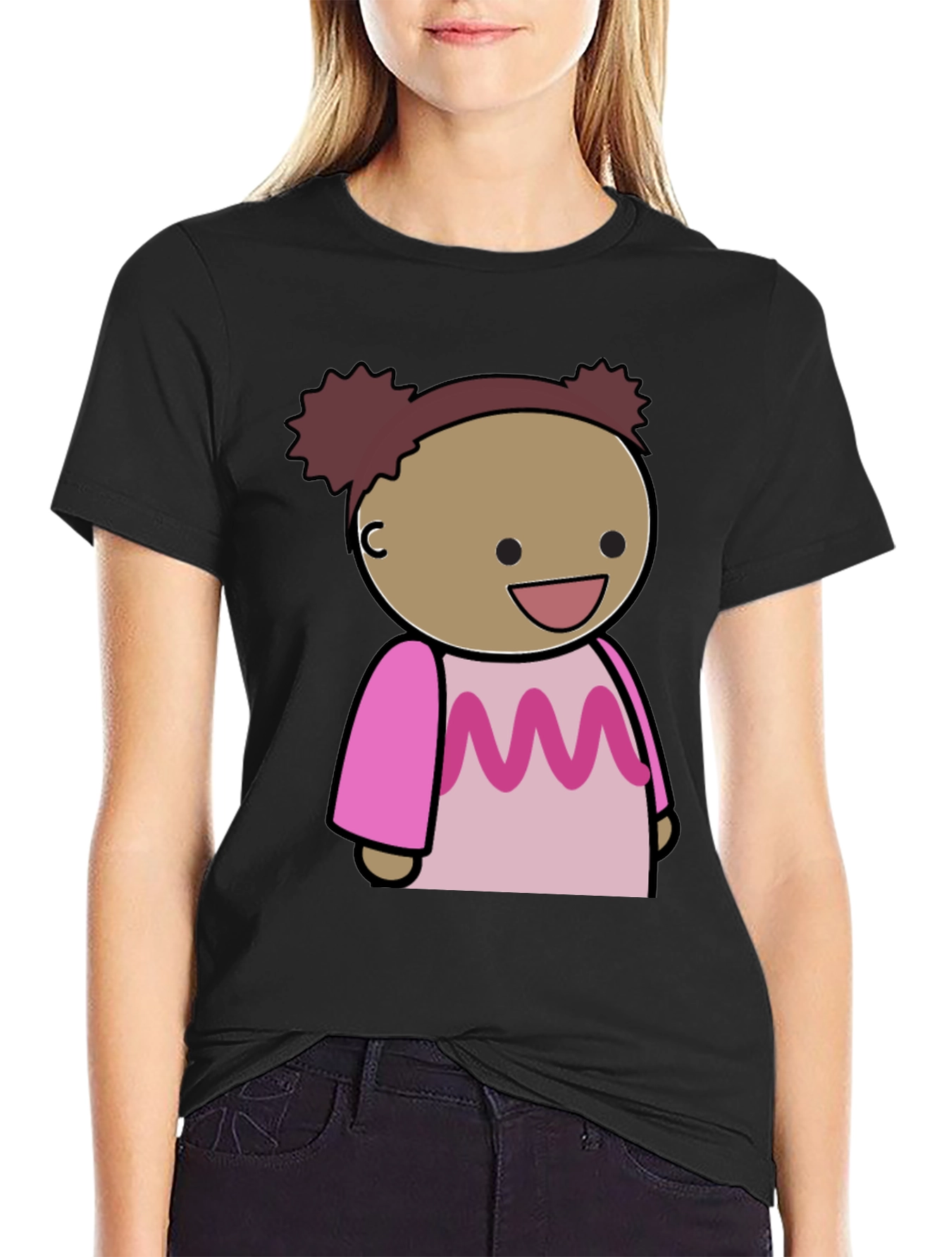 Cartoon Character Graphic Tee - Black Cotton Blend
