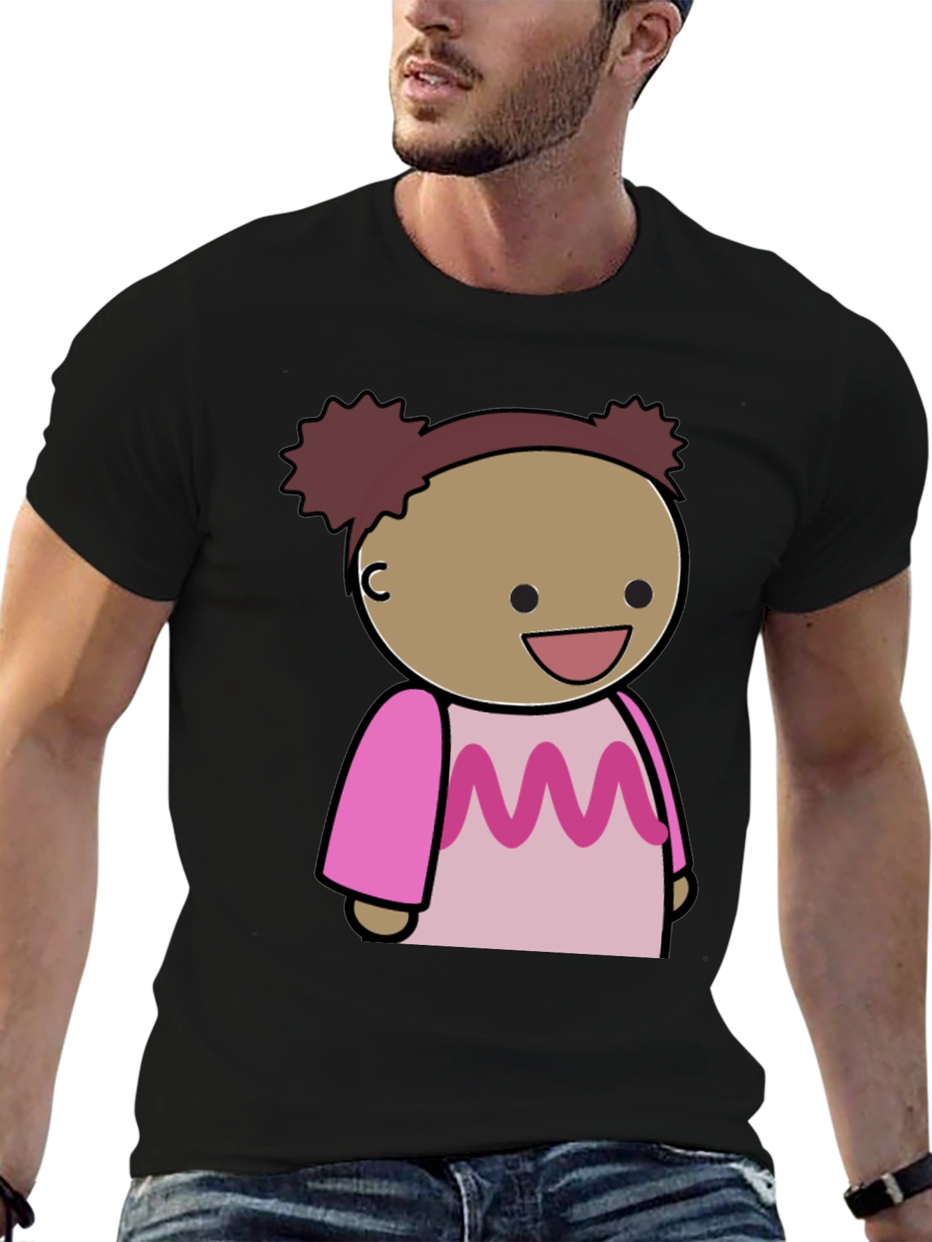 Cartoon Character Graphic Tee - Black Cotton Blend