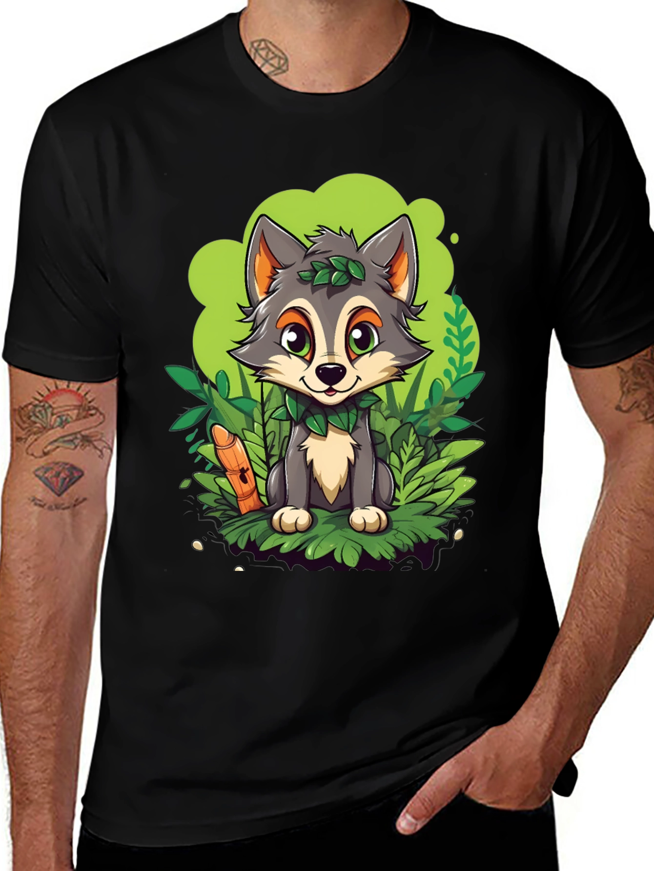 Cartoon Wolf Graphic Tee - Black Cotton T-Shirt