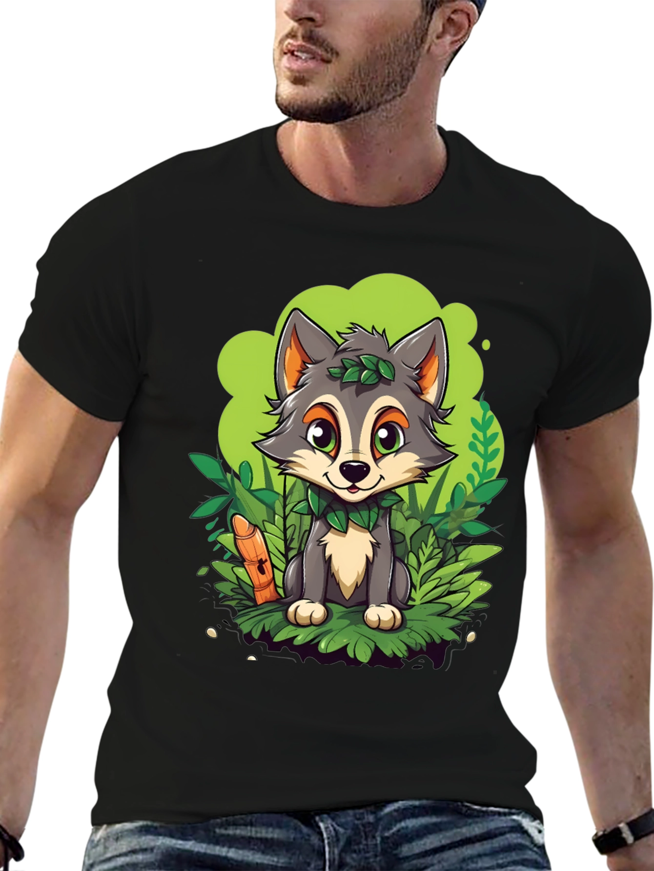 Cartoon Wolf Graphic Tee - Black Cotton T-Shirt