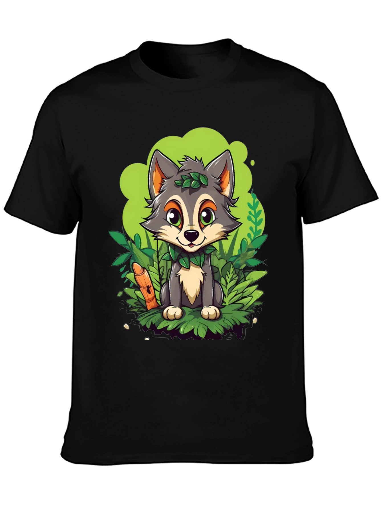 Cartoon Wolf Graphic Tee - Black Cotton T-Shirt