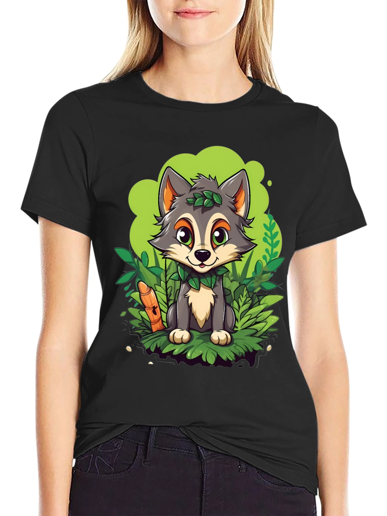 Cartoon Wolf Graphic Tee - Black Cotton T-Shirt