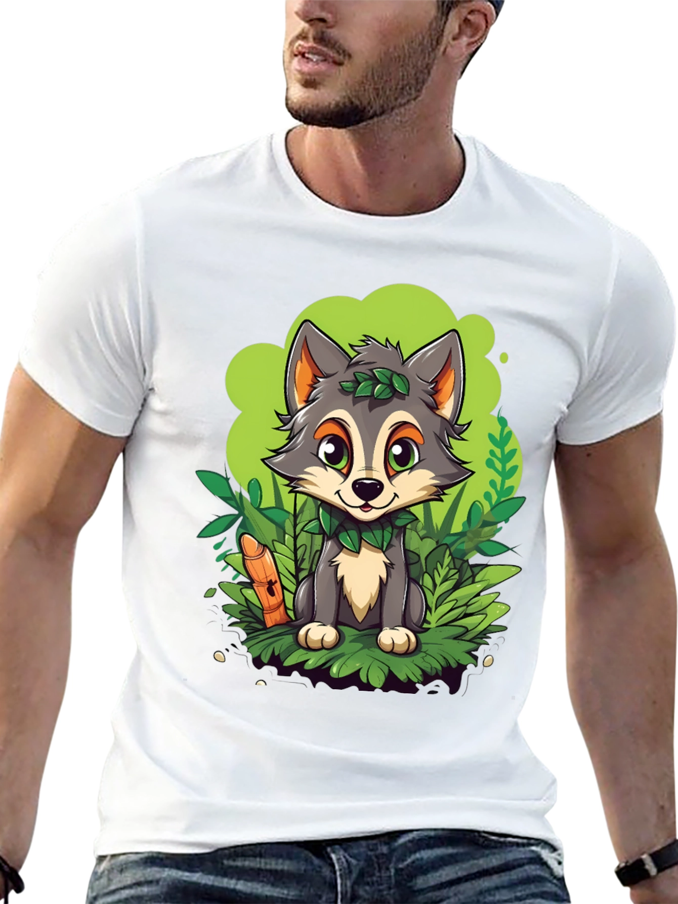 Cartoon Wolf Graphic Tee - Black Cotton T-Shirt