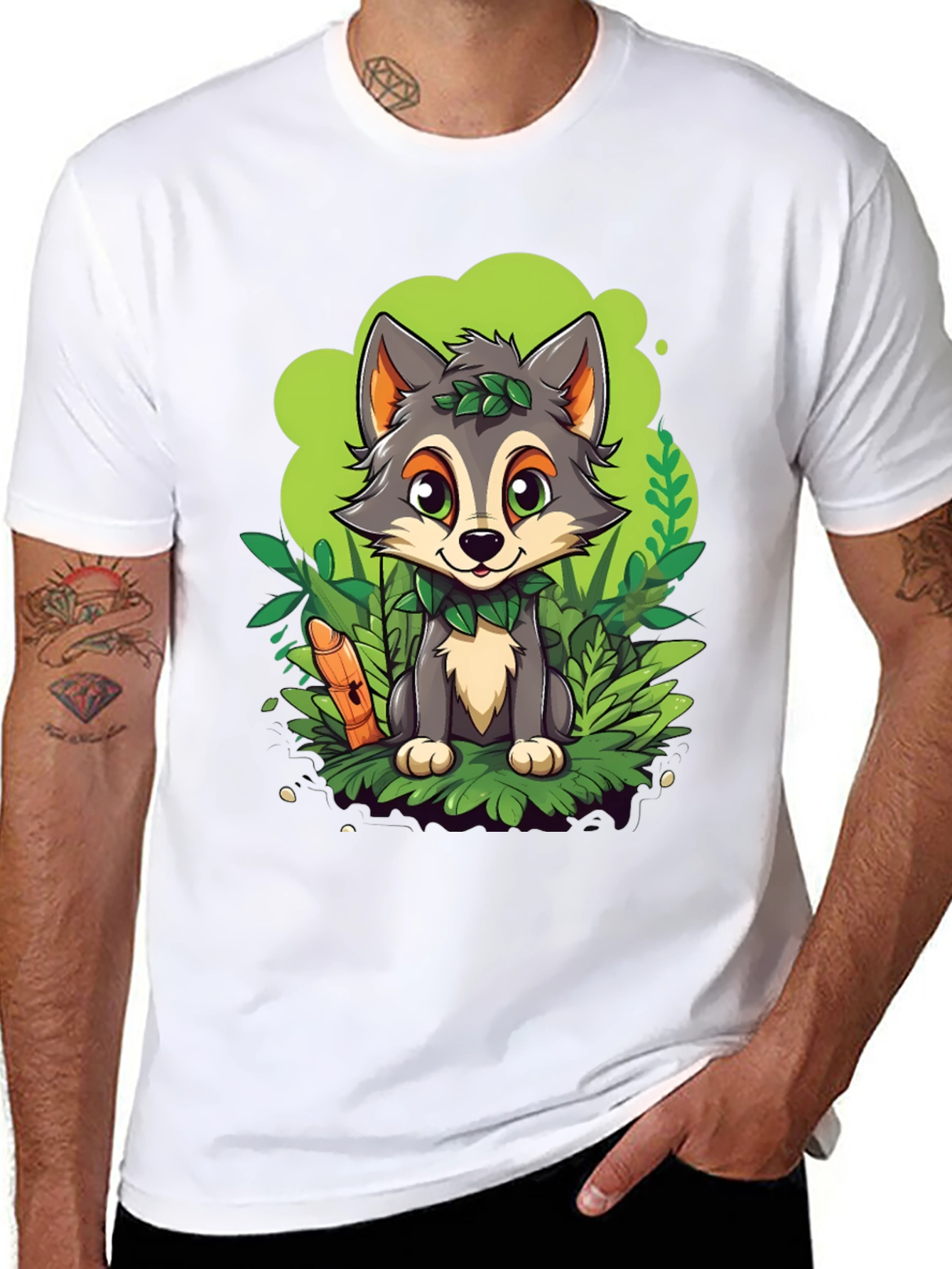 Cartoon Wolf Graphic Tee - Black Cotton T-Shirt