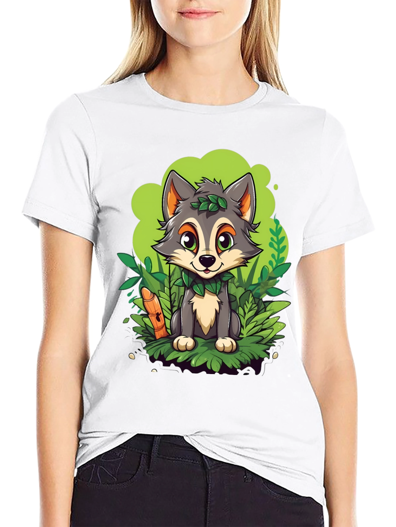Cartoon Wolf Graphic Tee - Black Cotton T-Shirt