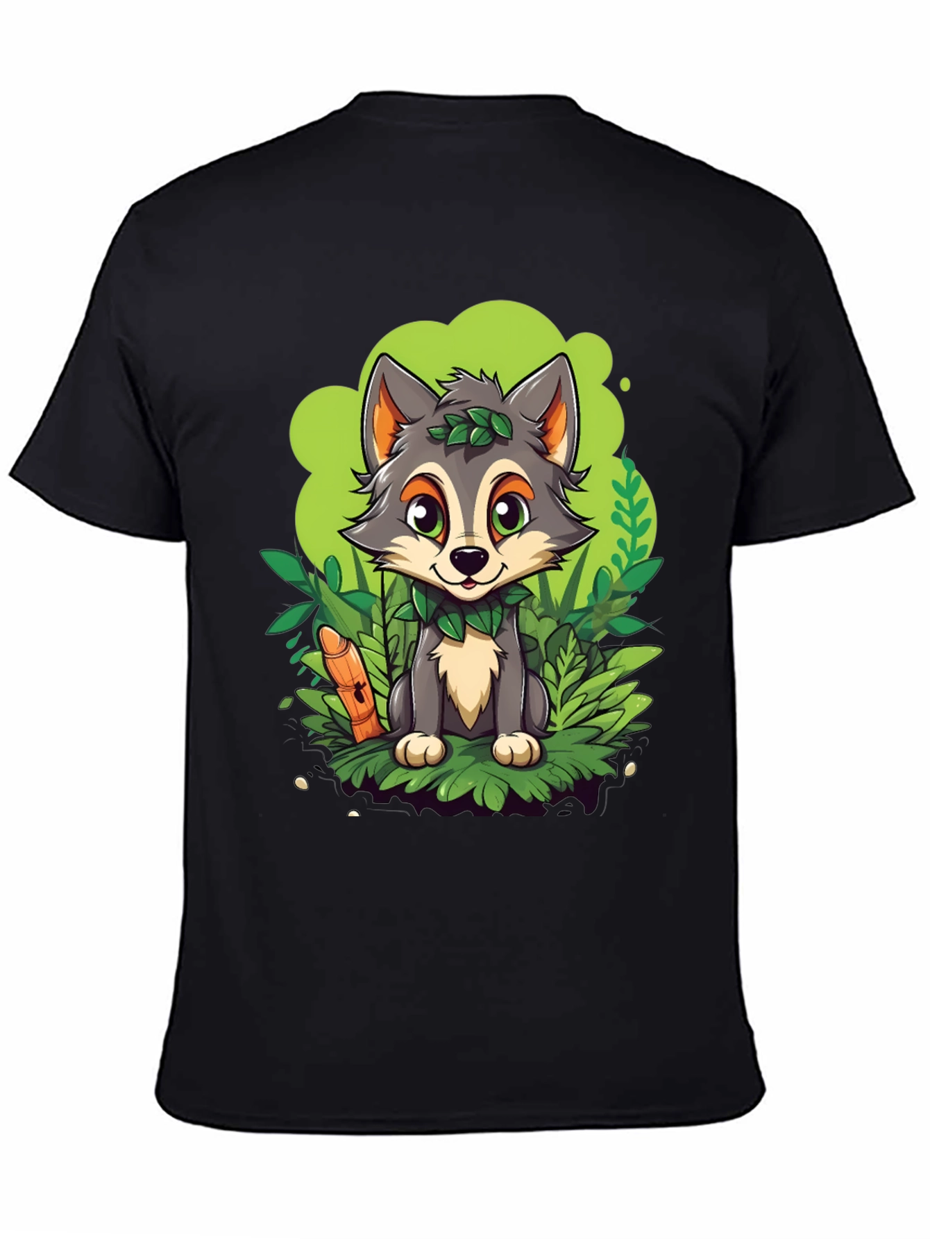 Cartoon Wolf Graphic Tee - Black Cotton T-Shirt