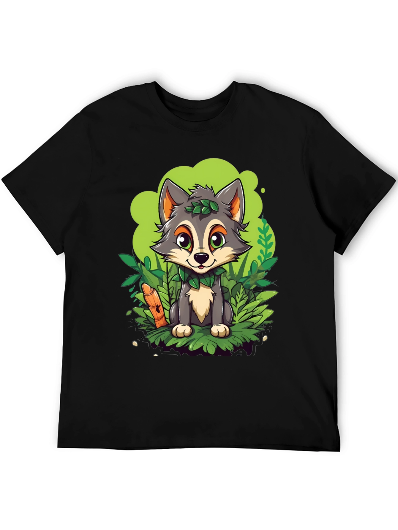 Cartoon Wolf Graphic Tee - Black Cotton T-Shirt
